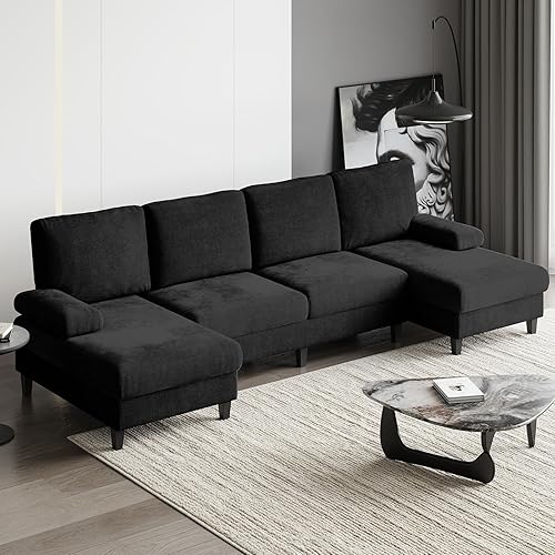 112" Sectional Sofa for Living Room, U-Shaped Couch with Double Chaise, 4-Seat Sofa Set with Chenille Fabric for Home Offices,Black