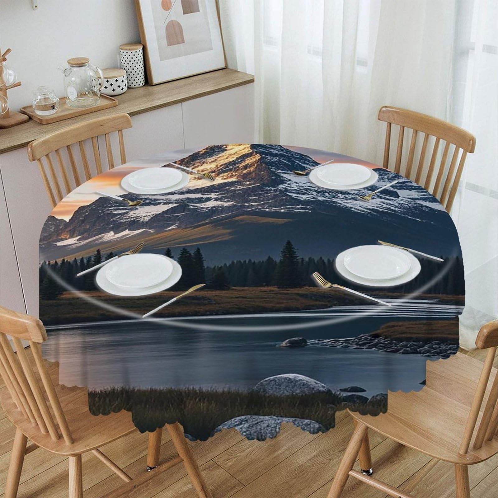 VstaDank Mount at Sunset Round Tablecloth 60 Inch Easy to Clean Circle Table Cover Thick Decorative Round Polyester Table Cloth for Dining Kitchen Party Farmhouse Outdoor