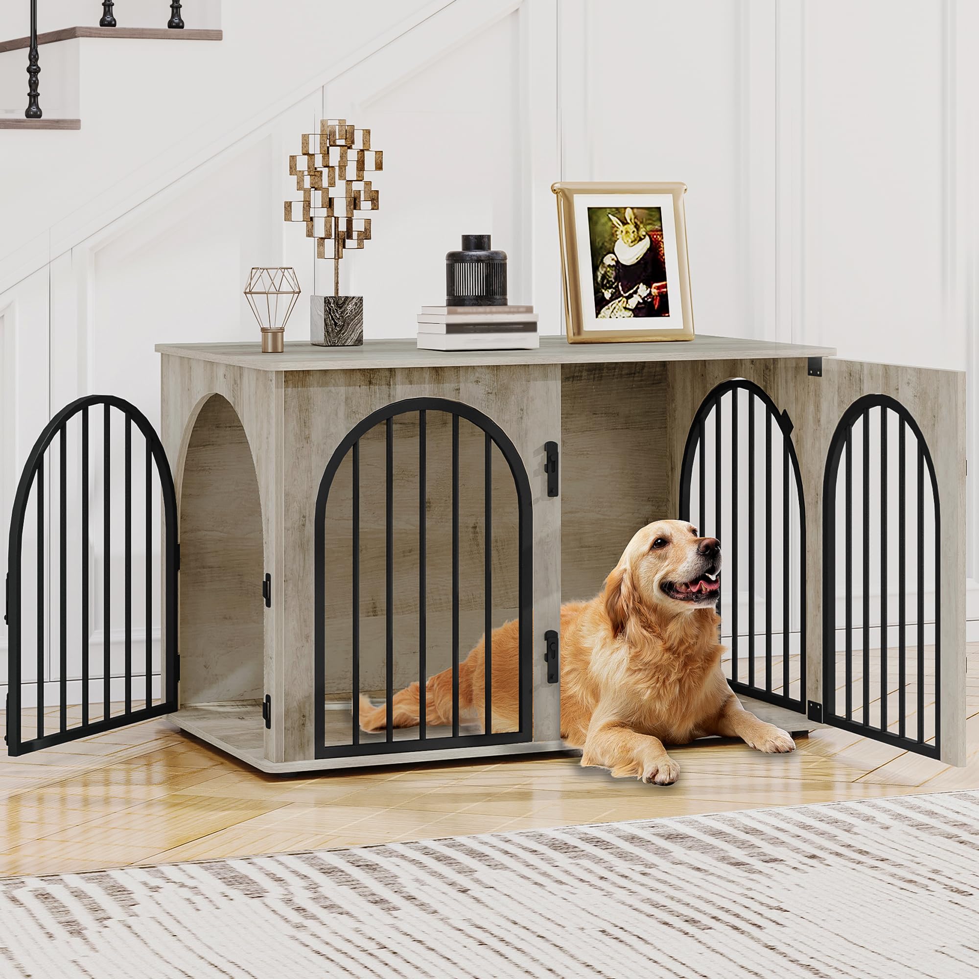 Hzuaneri 100cm Gabbia per Cani, Tavolo Supplemento, Cuccia Moderna per Cani Interno, Kennel cane Medio, Casetta per Animali, 3 porte, Porta ad arco, 60 x 100 x 63 cm, Avorio Chiaro DFC84105B