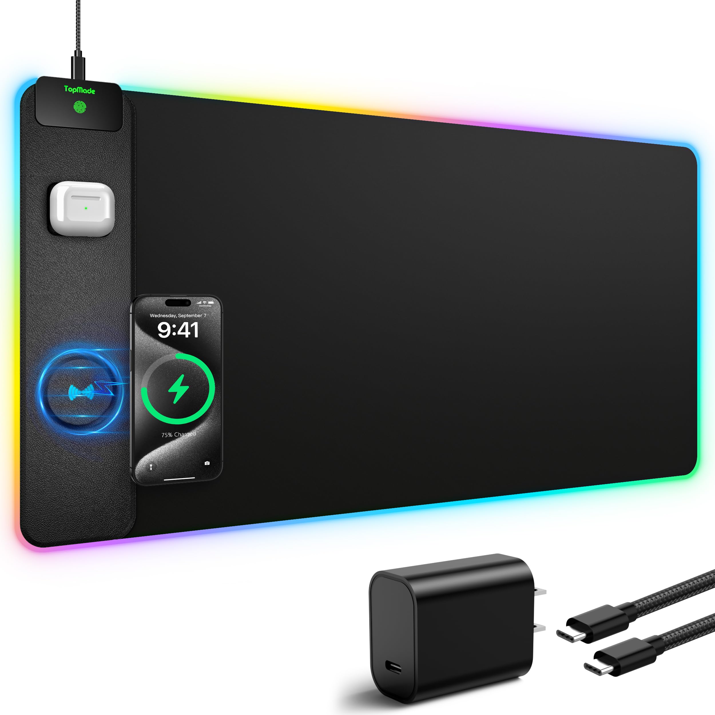 TopMade Alfombrilla de mouse de carga inalámbrica, alfombrilla de mouse RGB para juegos en casa, oficina, 31.5 x 15.8 pulgadas, XXL, alfombrilla de escritorio grande, almohadilla de teclado