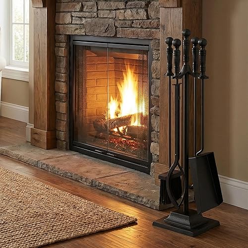 Miniatura 2 de Tangkula Juego de herramientas para chimenea de 5 piezas, 4 en 1 para interiores y exteriores, juego de herramientas con póker, pinzas, cepillo,