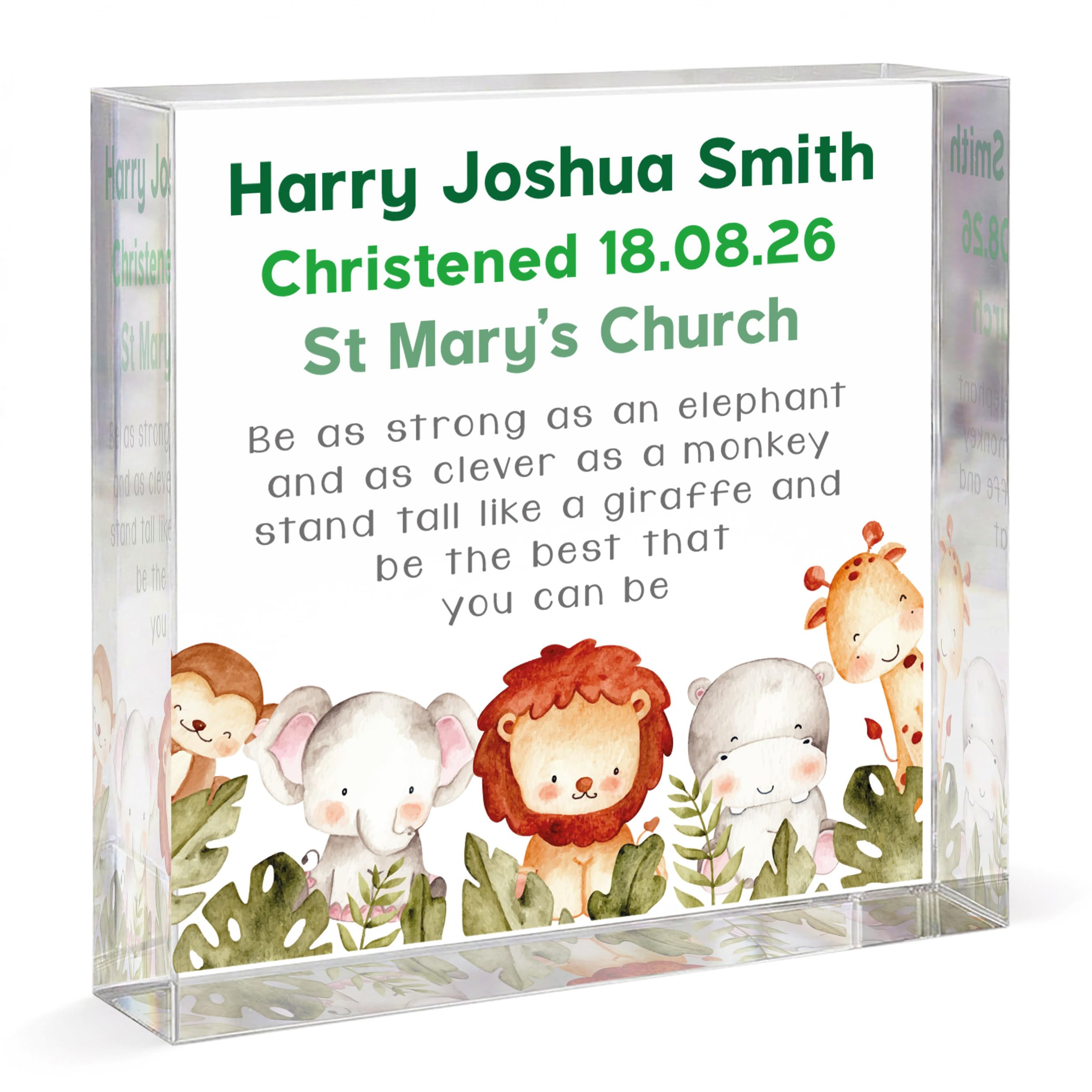 Personalised Christening Gift For Boys, Godson Christening Keepsake, Jungle Animal Safari Nursery Decoration, Grandson Christening, Acrylic Clear Block With Grey Bag