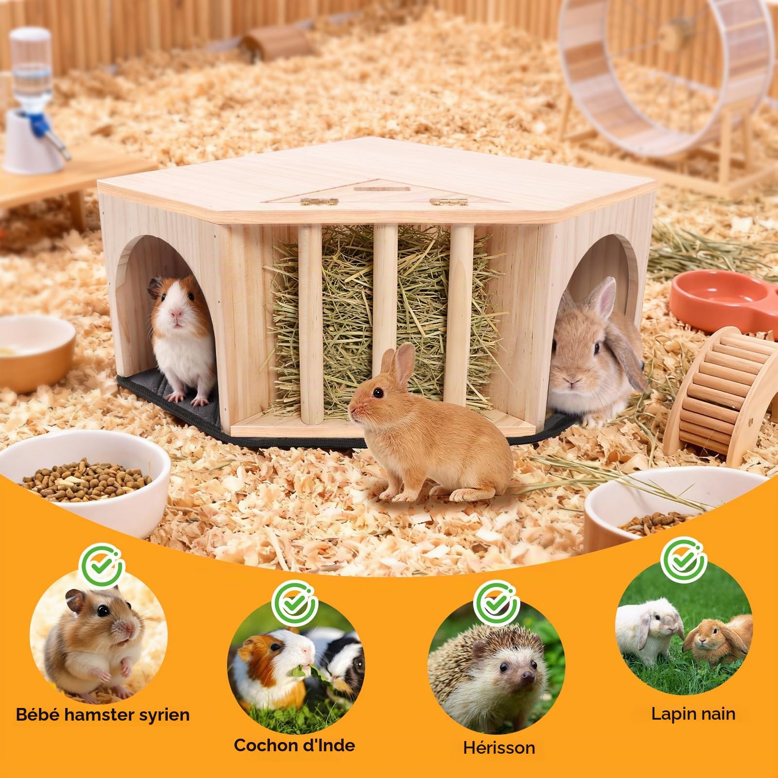 Kalolary Cachette d'angle en Bois pour Cochon d'Inde avec Tapis d'urine, cachette pour Petits Animaux avec mangeoire à Foin, Double entrée, cachette pour Hamster, Lapin, Chinchilla, gerbilles naines | avec Tapis d'urine cachette pour Petits Animaux avec m