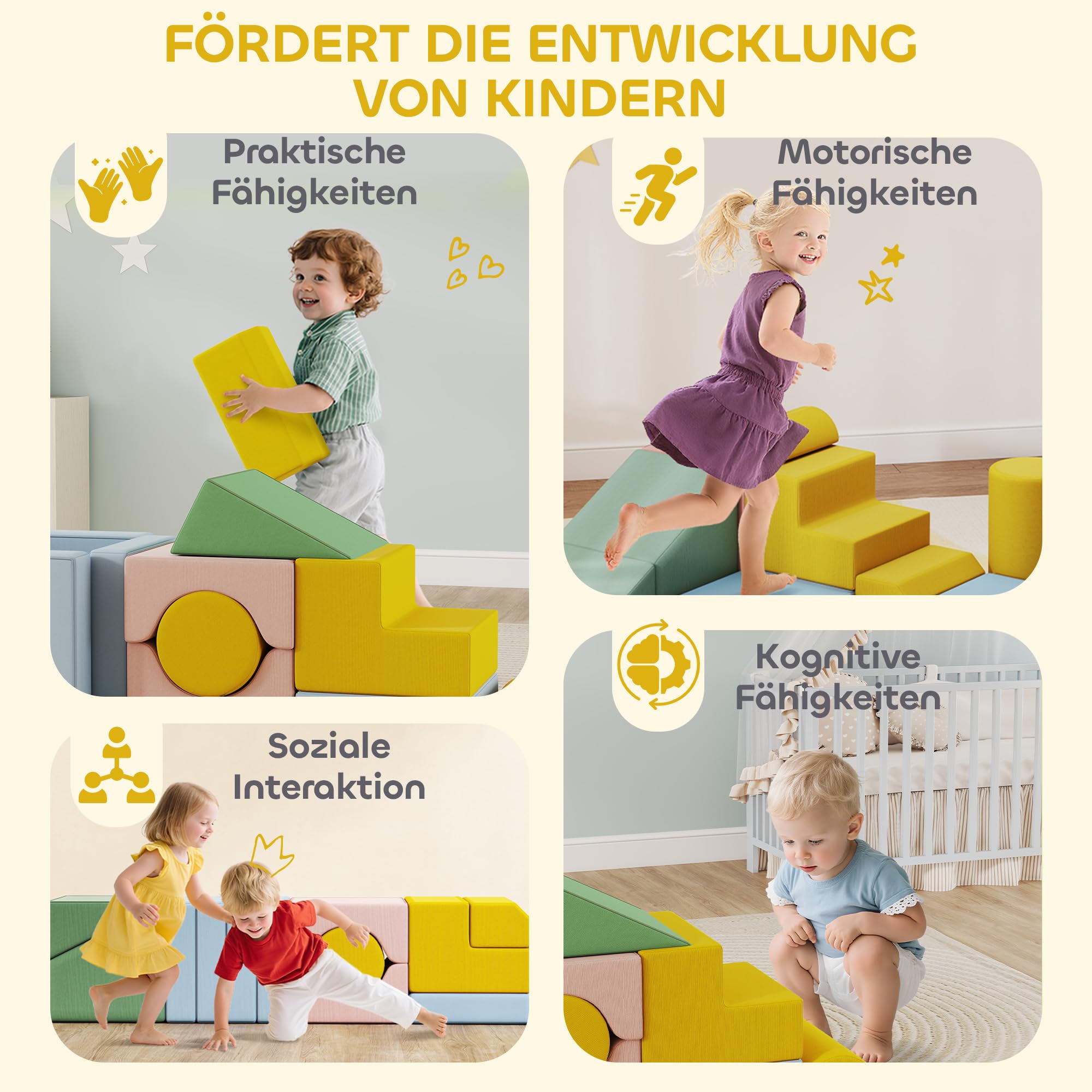 AIYAPLAY Schaumstoff Bausteine 12-TLG. Softbausteine Bausteinset Bunt | Kinder, mit Cord-Optik, Klettern, Großbausteine, Schaumstoff-Kletterblöcke, Bauklötze