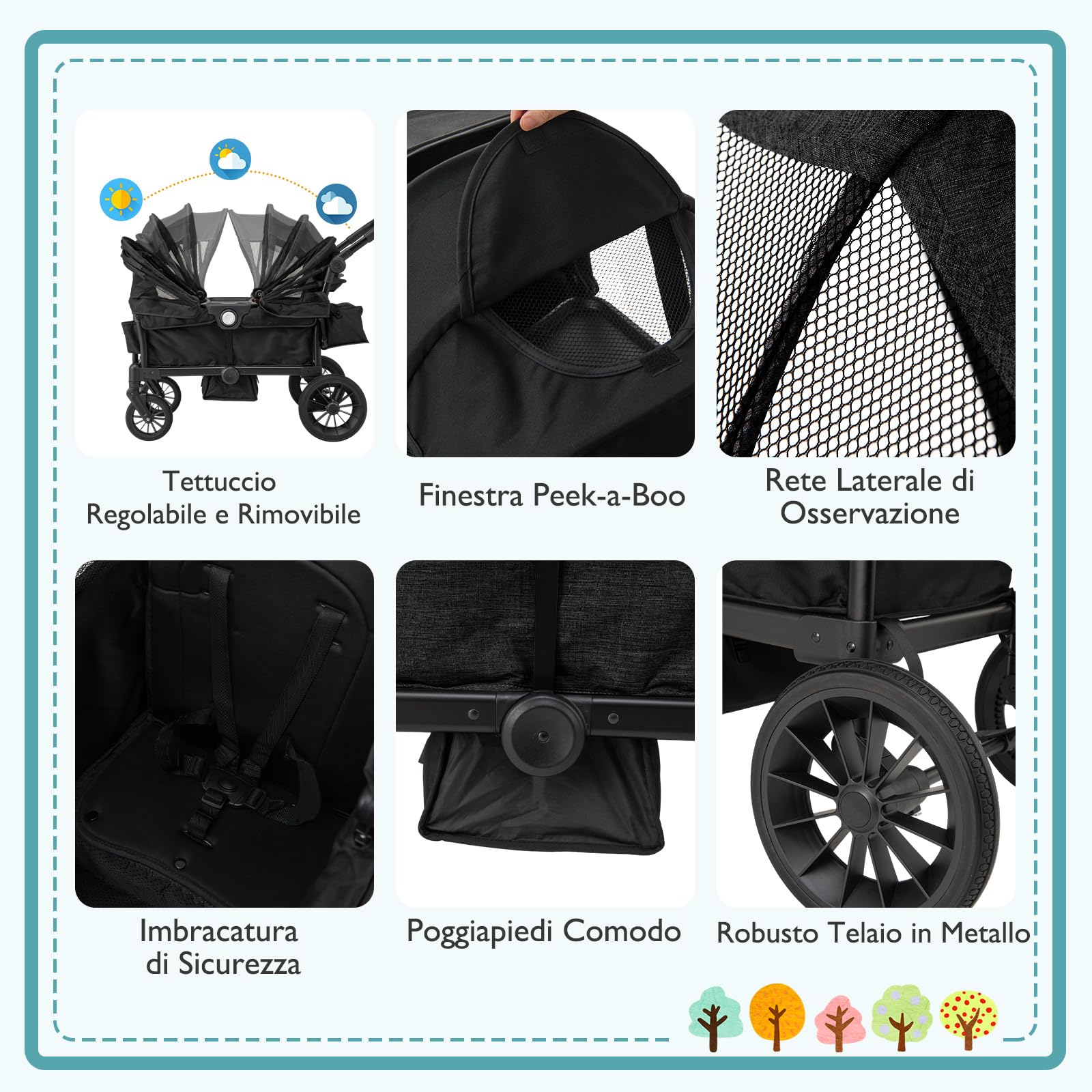 COSTWAY Passeggino Doppio Pieghevole, Passeggino Gemellare con Manico Regolabile, Tettuccio Rimovibile, Portabicchieri, per Bambini da 6+ Mesi, 104 x 57 x 107 cm (Nero)