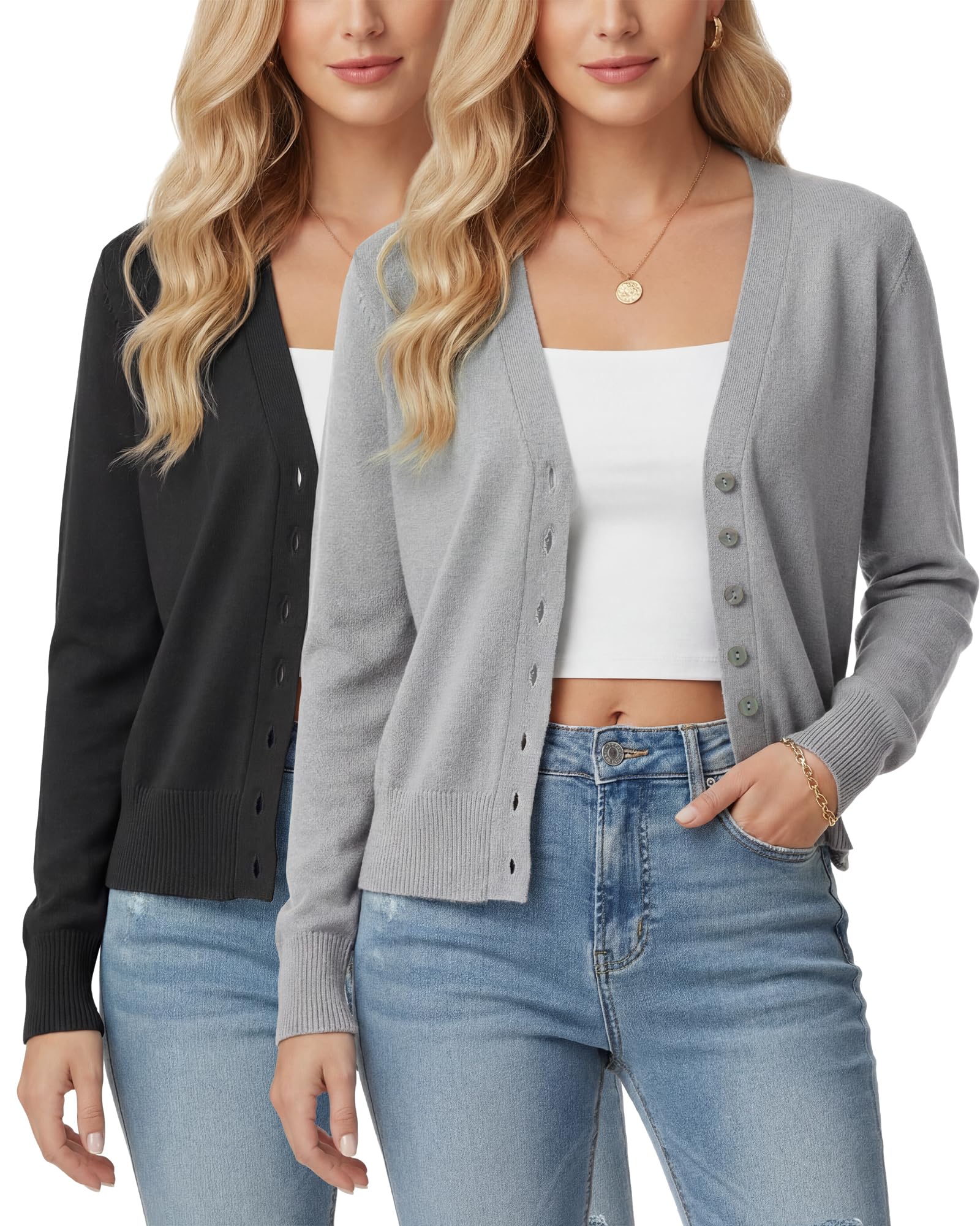 2 pcs Womens Cropped Cardigan Shrug Fall Long Sleeve V Neck Lightweight Knit for Jeans Dresses S to