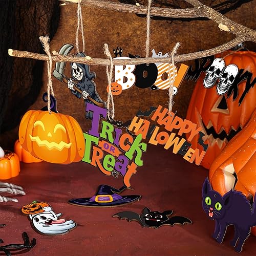 Miniatura 6 de Gerrii 40 adornos de Halloween de madera para decoración de árbol de Halloween, calabaza, fantasma, sombrero de bruja, esqueleto, mini adornos