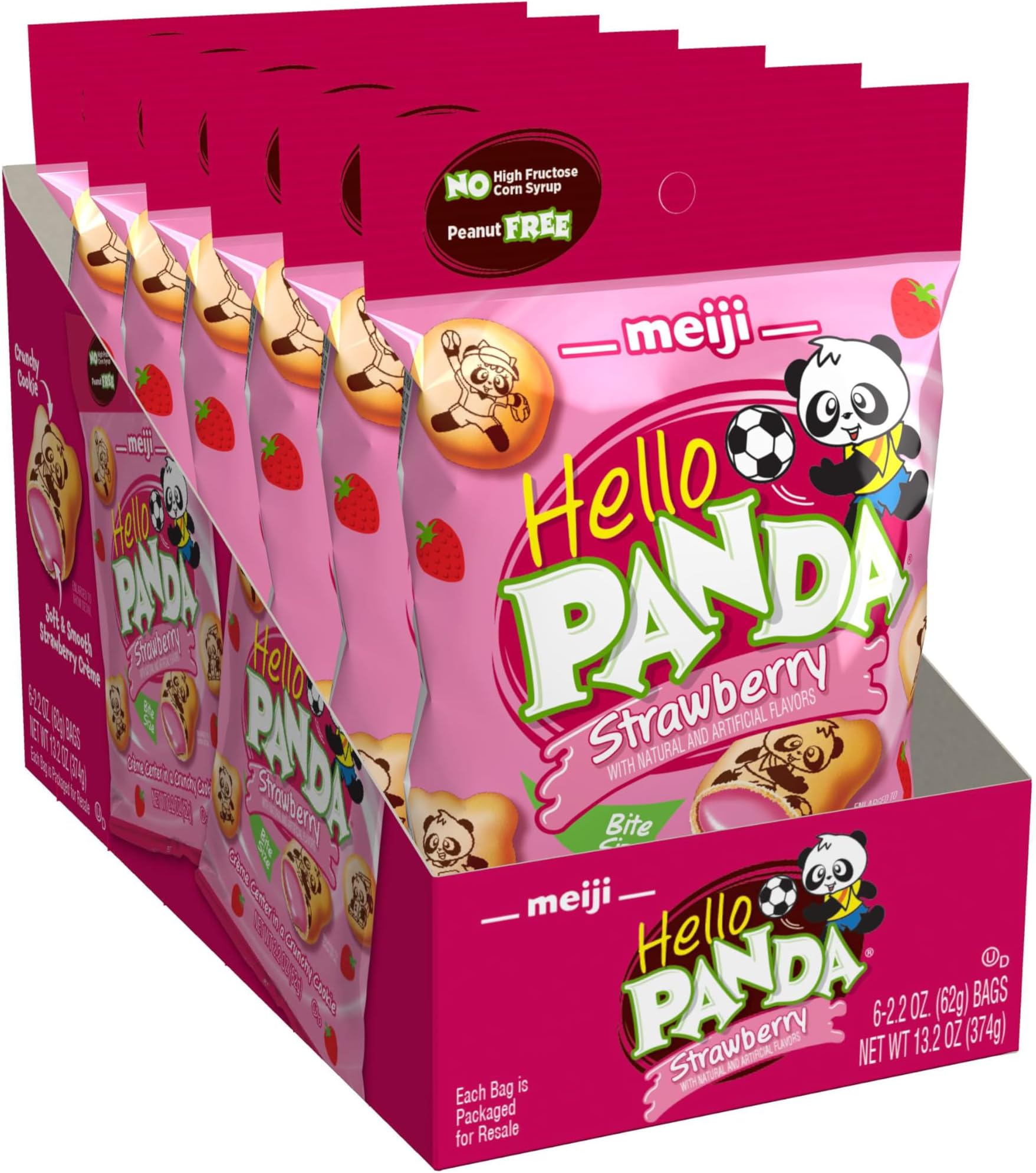 Hello Panda Cookies, Strawberry Crème Filled - 2.2 oz, Pack of 6 - Bite Sized Cookies with Fun Panda Sports