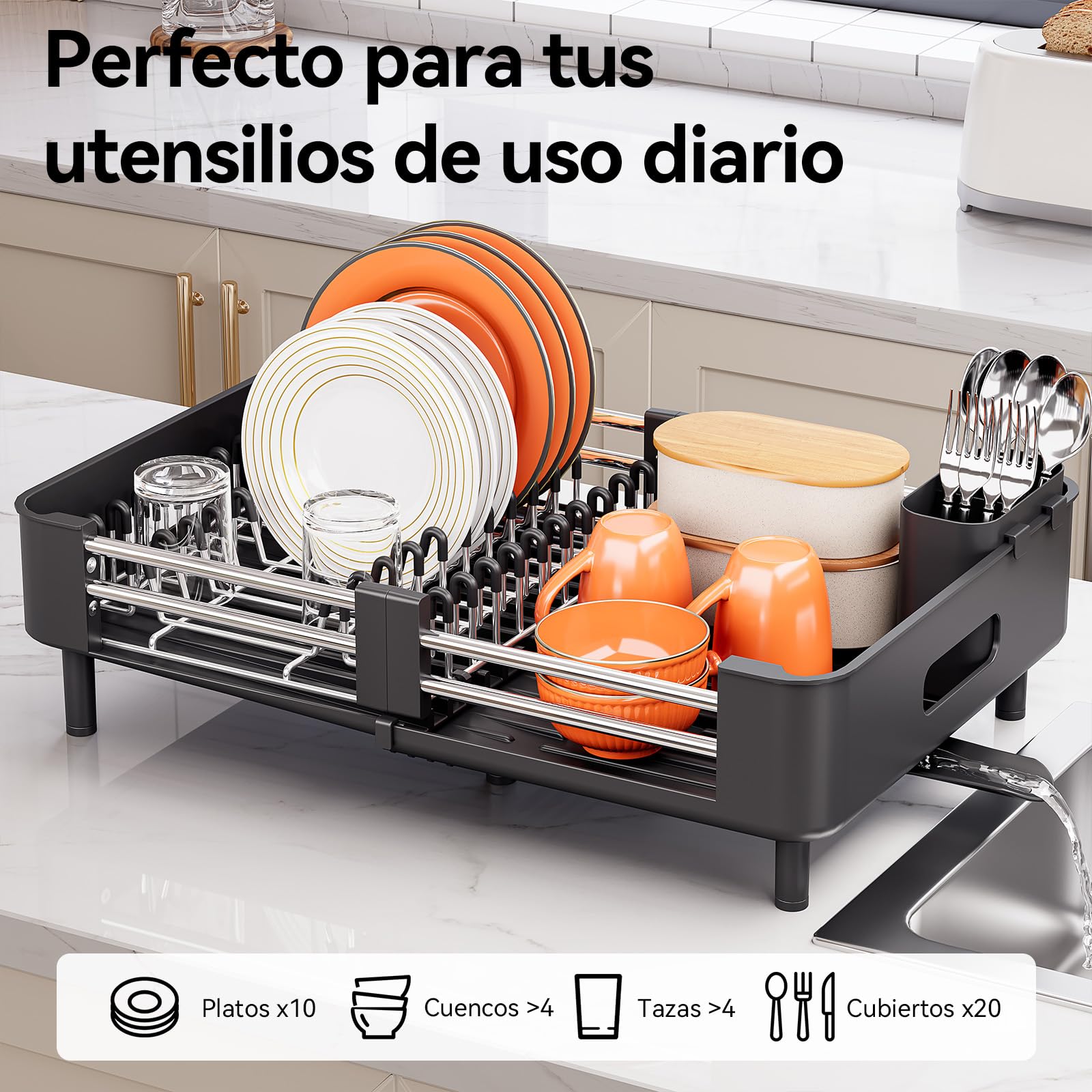 Urackify Escurreplatos extensible | Plegable, acero inoxidable, soporte para cubiertos extraíble, soporte para platos resistente a los arañazos