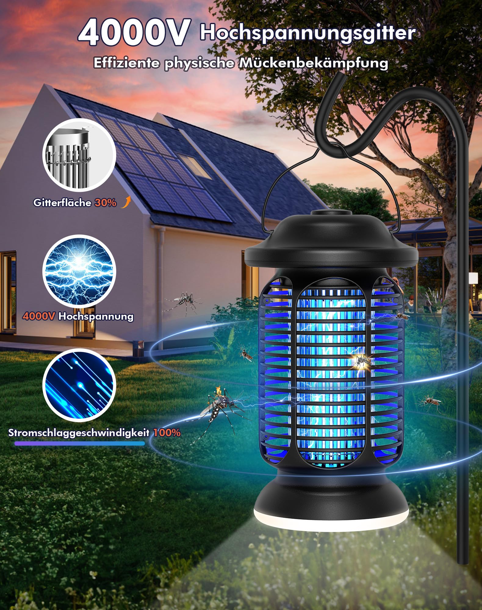 Insektenvernichter Elektrisch 4000V, Fliegenfalle Elektrisch 20W mit LED Licht, UV Mückenlampe IPX4 Wasserdicht, Anti Mücken Fliegen Insekten, Mückenfalle für Draußen Innen