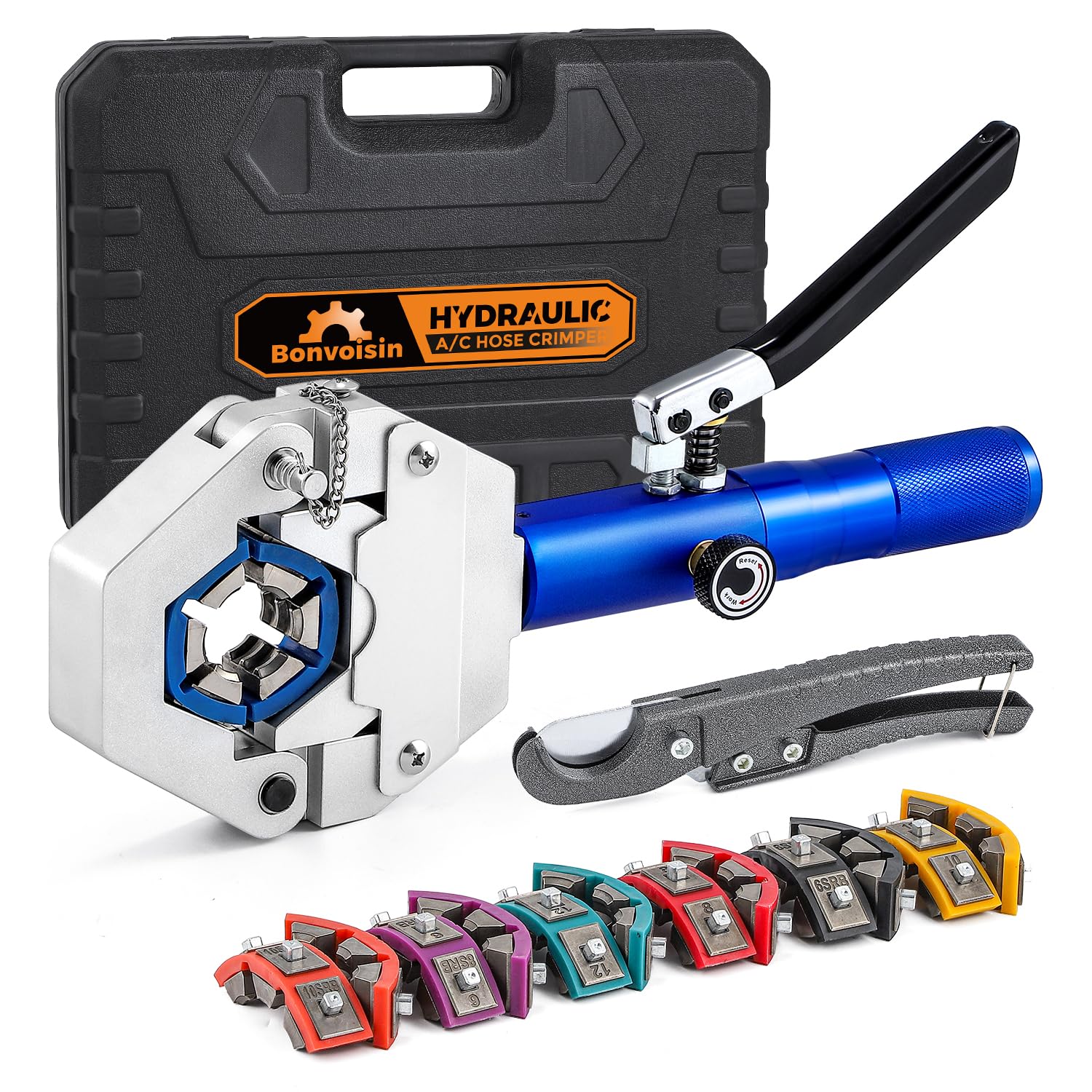 Bonvoisin Crimpadora de Manguera Hidráulica A/C, Rango de Mangueras de 3/8"- 7/8", 7 Juegos de Moldes, con Cortador de Tuberías, para Reparar Tuberías de Aire Acondicionado