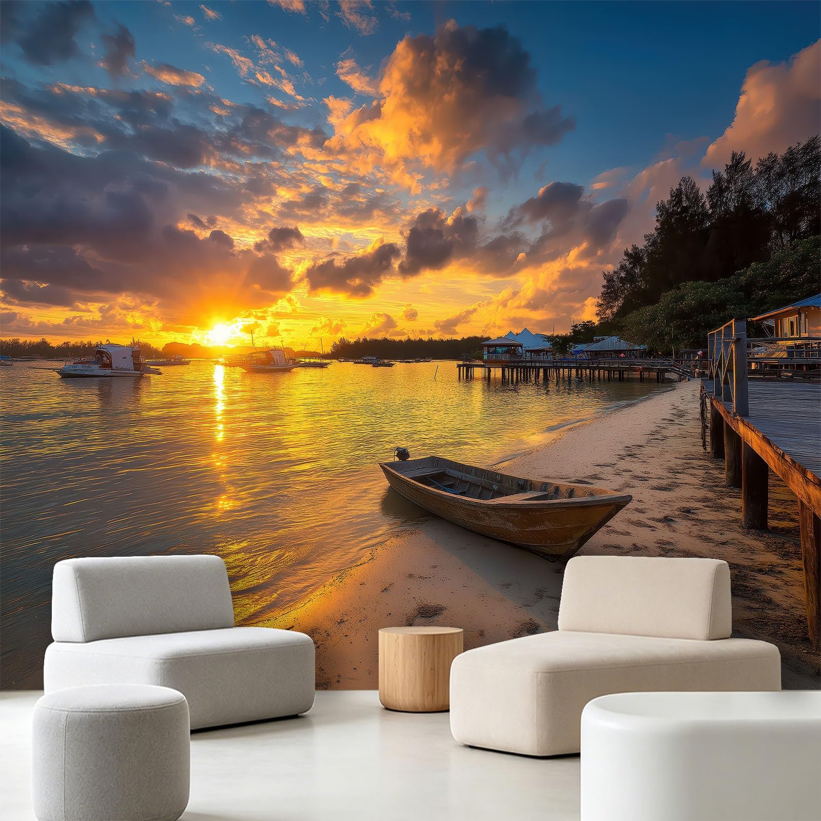 Fototapeta z włókniny, tropikalna plaża 200 x 140 cm, do salonu, sypialni, tapeta na flizelinie, efekt 3D, zachód słońca, drewniana łódź kokosowa