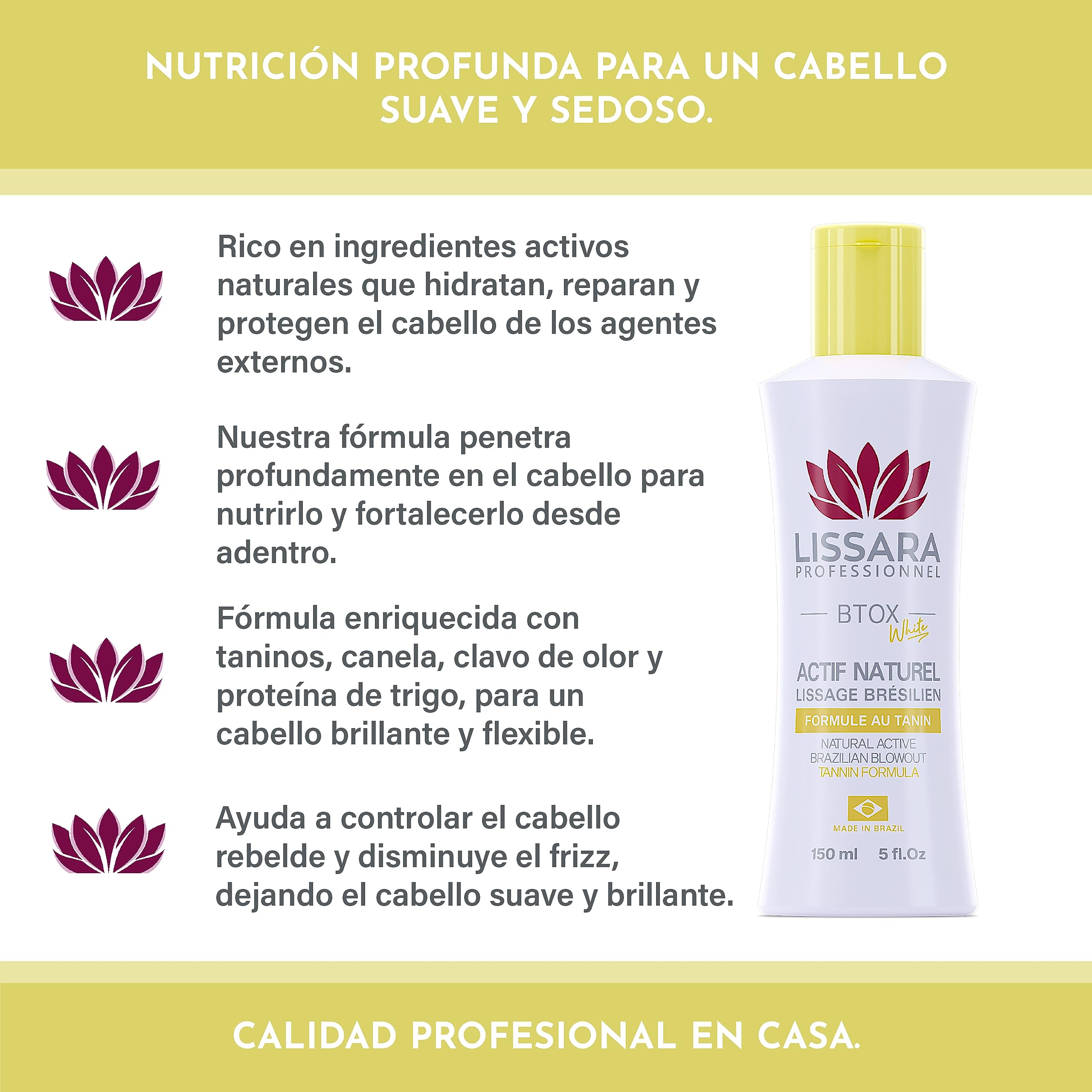 Tanin suavizante Lissara - Taninoplastia - White NATURAL ACTIVE - Sin formol - Tratamiento rejuvenecedor profundo en el hogar Sin humo Inodoro - Hecho en Brasil - 150ml