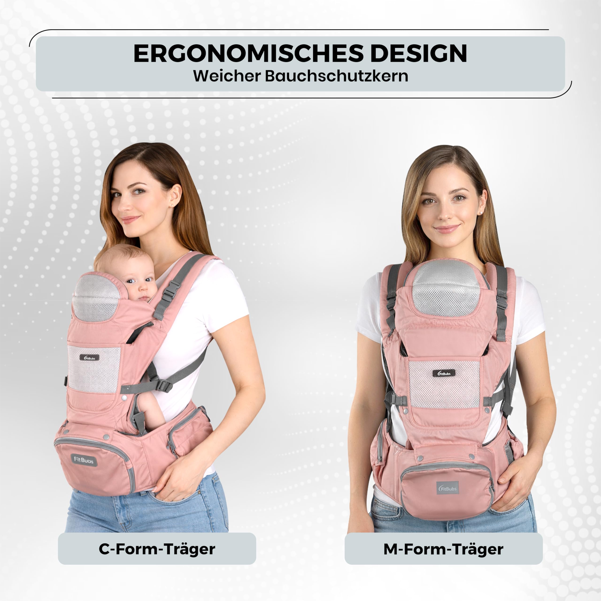 Babytrage für Neugeborene ab Geburt, 2-in-1 mit Hüftsitz, Ergonomische Tragehilfe für 3–36 Monate, 3–20 kg, Atmungsaktiv, Rosa