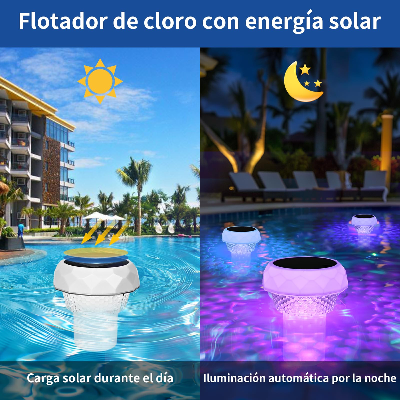 Dispensador Cloro Piscina con Luz Solar LED, Dosificador de Cloro Flotante Flotador de Piscina para Pastillas de Cloro con Anillo de Ajuste de Capacidad