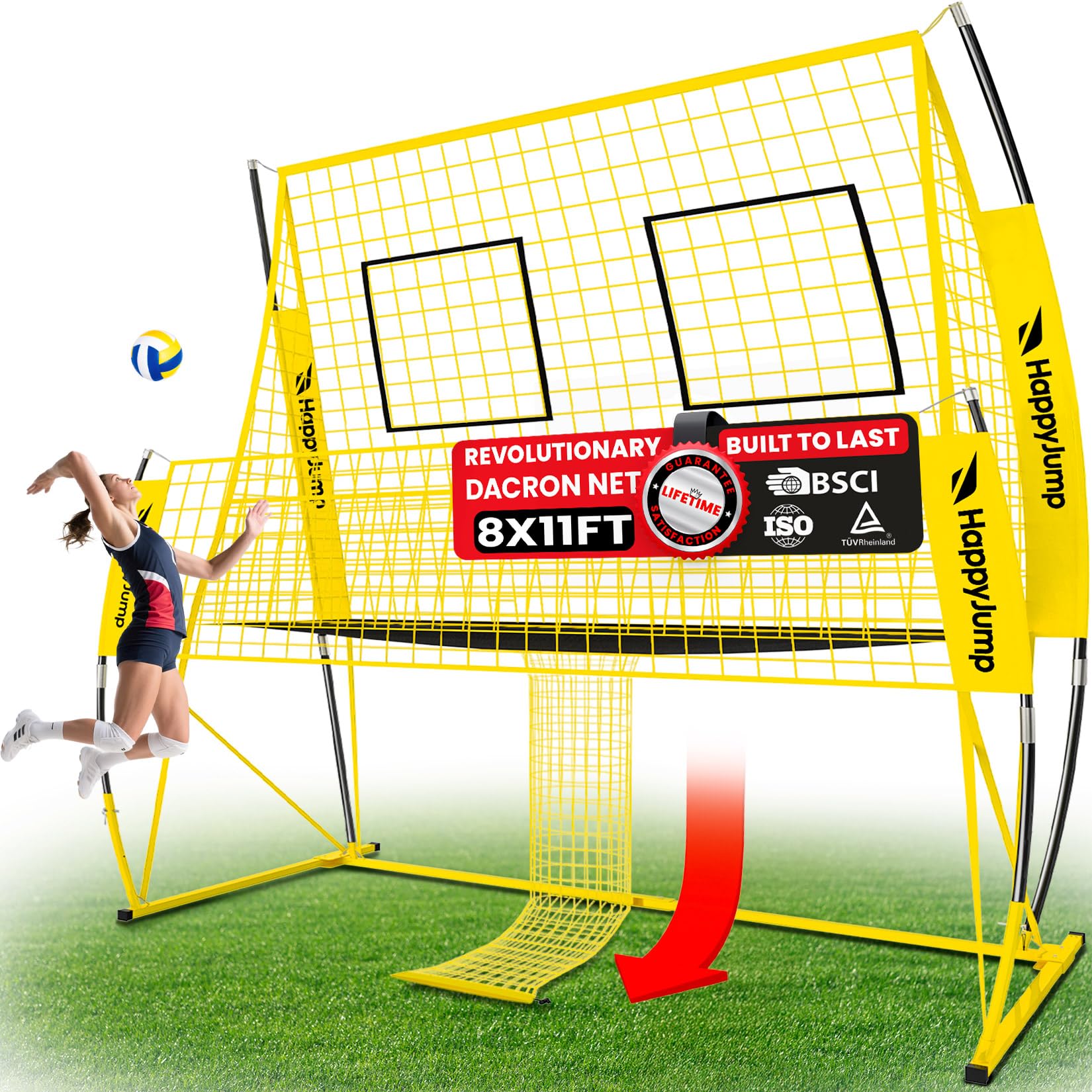 - Happy Jump 8x11 FT Professional Adjustable Volleyball Training Equipment, 3 Height Levels (6.5–8 FT), 2026 Reinforced for Tear & Impact Resistance, Includes Volleyball for Indoor/Outdoor Training
