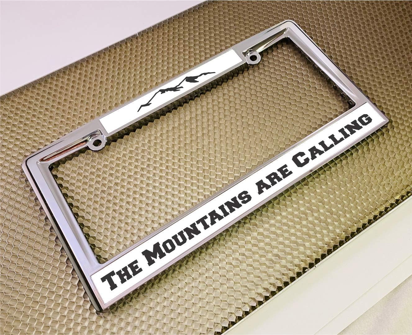 Heavy Duty Chrome Metal Personalized with Custom Text Design Laser Engraved Standard Size - Car/Automobile License Plate Frame with Free caps - White/Black (Qty: 1 Frame)