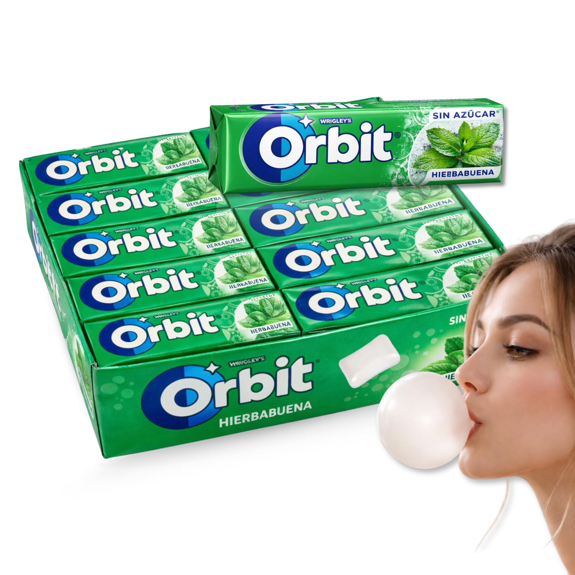 Orbit Chicles Sabor Hierbabuena, Chicles sin azucar, Paquete de cicles Orbit, Sabor Fresco, Intenso y de Larga Duración en formato Gragea, sin gluten, Formato ahorro, 30 paquetes de 10 Grageas