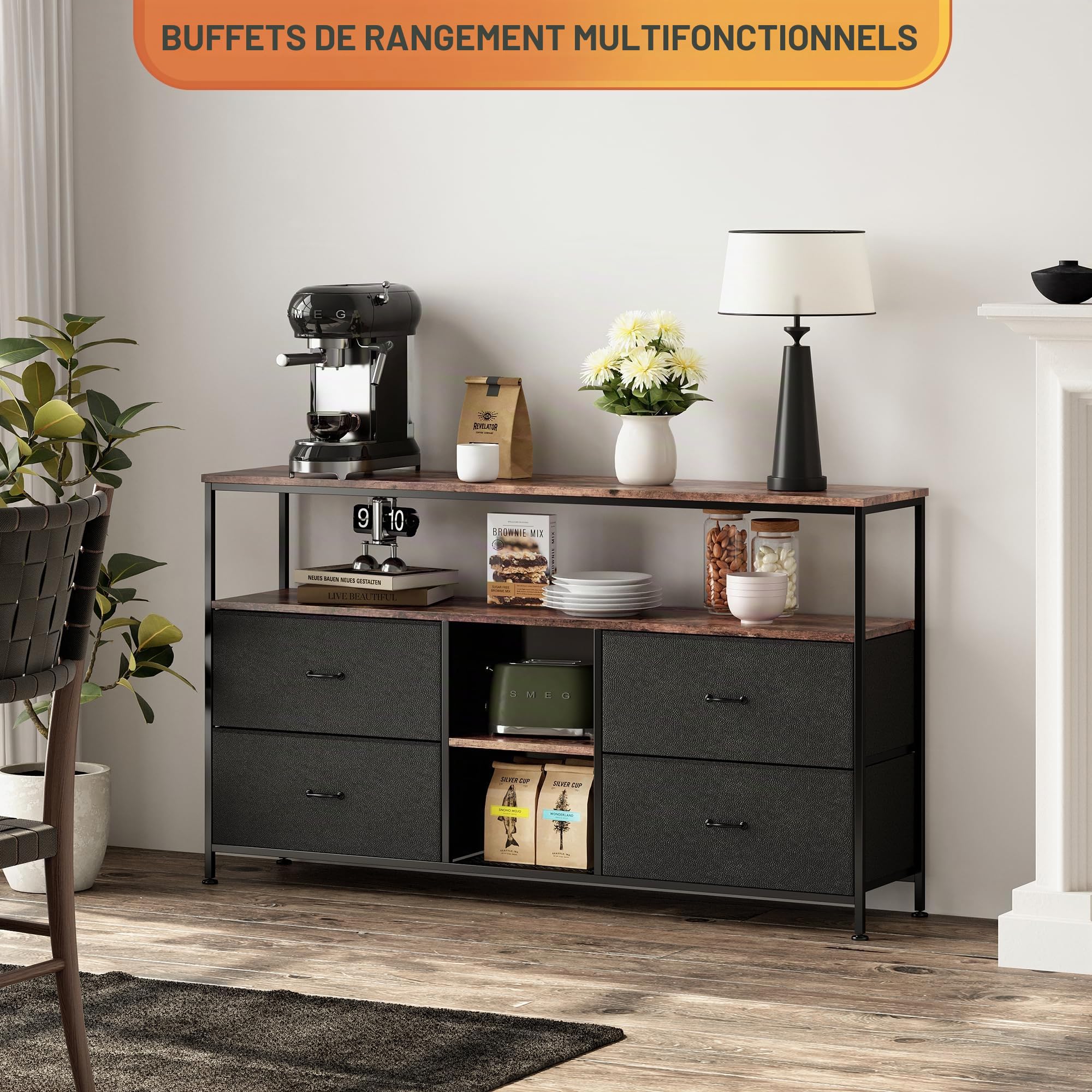 MEXUS Meuble TV, LED Meuble Tele Haut, Meuble TV avec Rangement, Etagères Réglables, 4 tiroirs en Tissu, Intégrez Solutions Rangement Optimisez Visionnage Améliorez L'esthétique (Noir, 137cm)