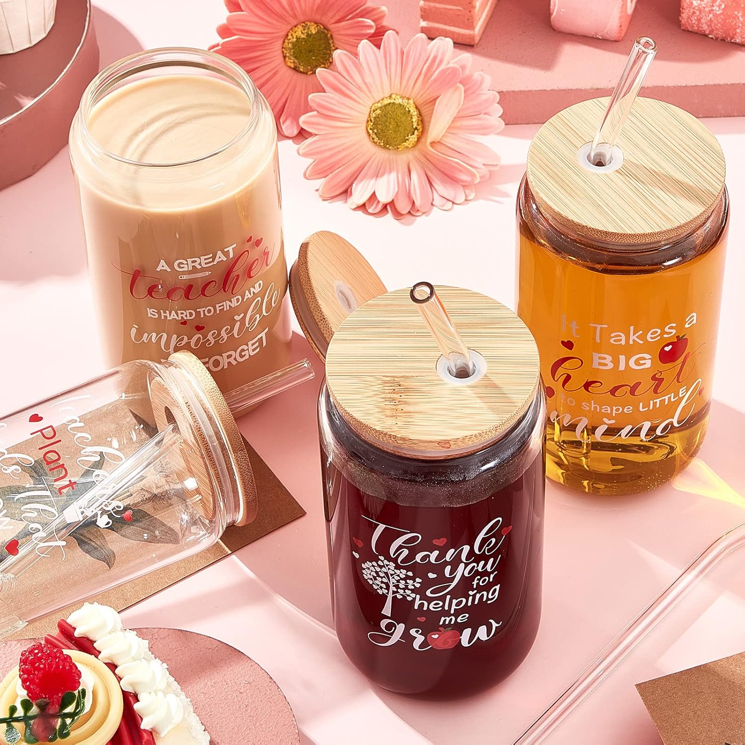 Zubebe 4 Pcs 16 oz Valentine Tumbler Gifts for Women Teacher Appreciation Gifts Thank You Coffee Cup Tumbler Drinking Glass Beer Cups with Bamboo Lids Glass Straw Cleaning Brush for Employee(Classic) - Image 8