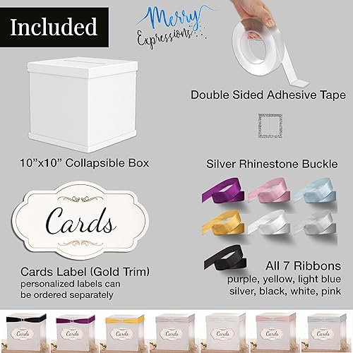 Miniatura 2 de Caja de tarjetas de boda, 7 colores de cinta de satén y hebilla de diamantes de imitación, 10 x 10 x 10 pulgadas, grande, elegante acabado blanco,