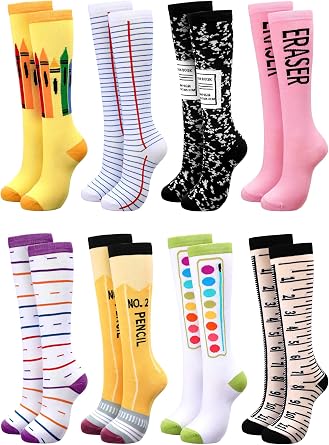 Glitopper 8 Pairs Colorful Crayon Knee High Socks Pencil Crayon Socks for Women Girl Teacher Costume School Supply