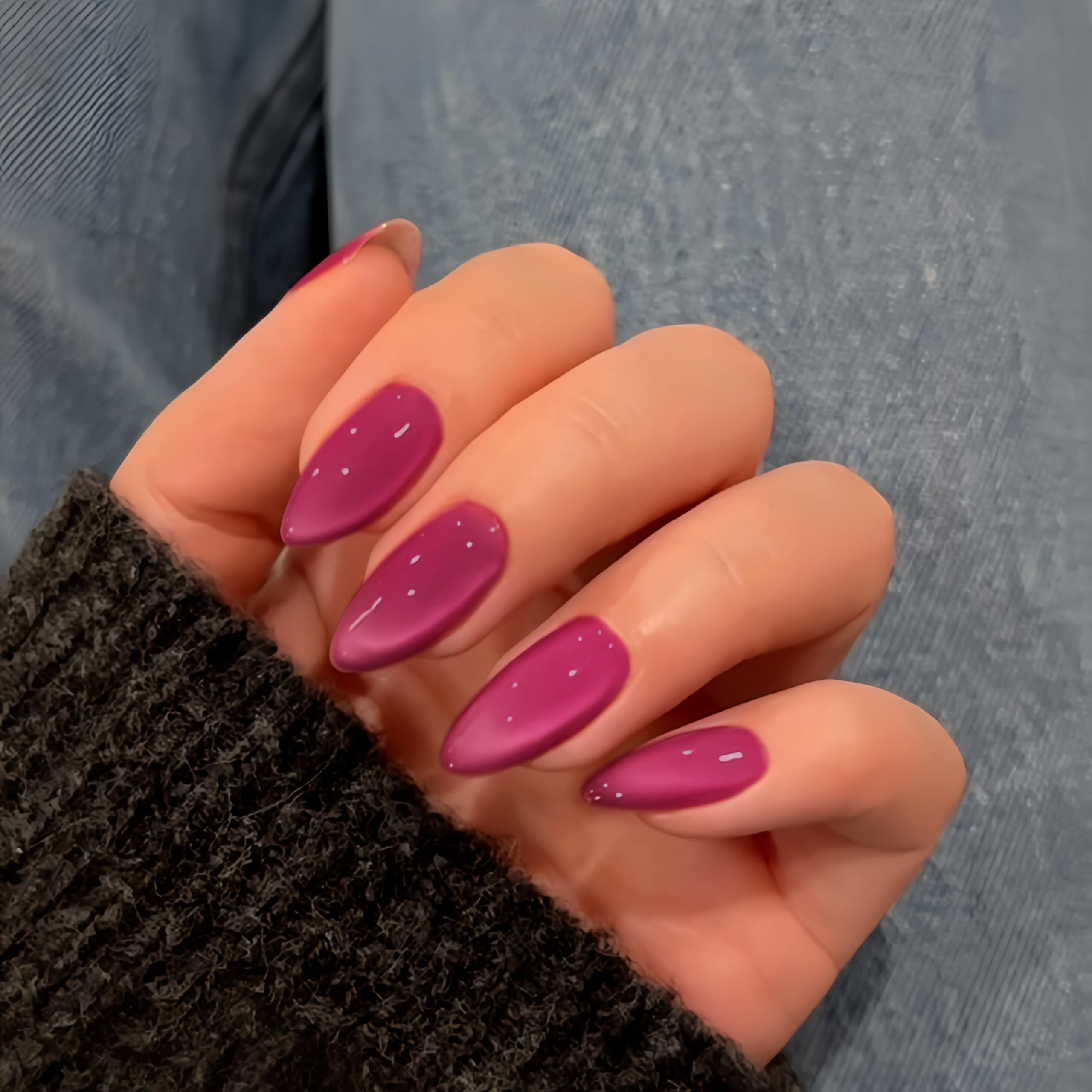 SXVME Violet Purple Pink Cat Eye False Nails Almond, Glitter Press on Nails Medium Almond