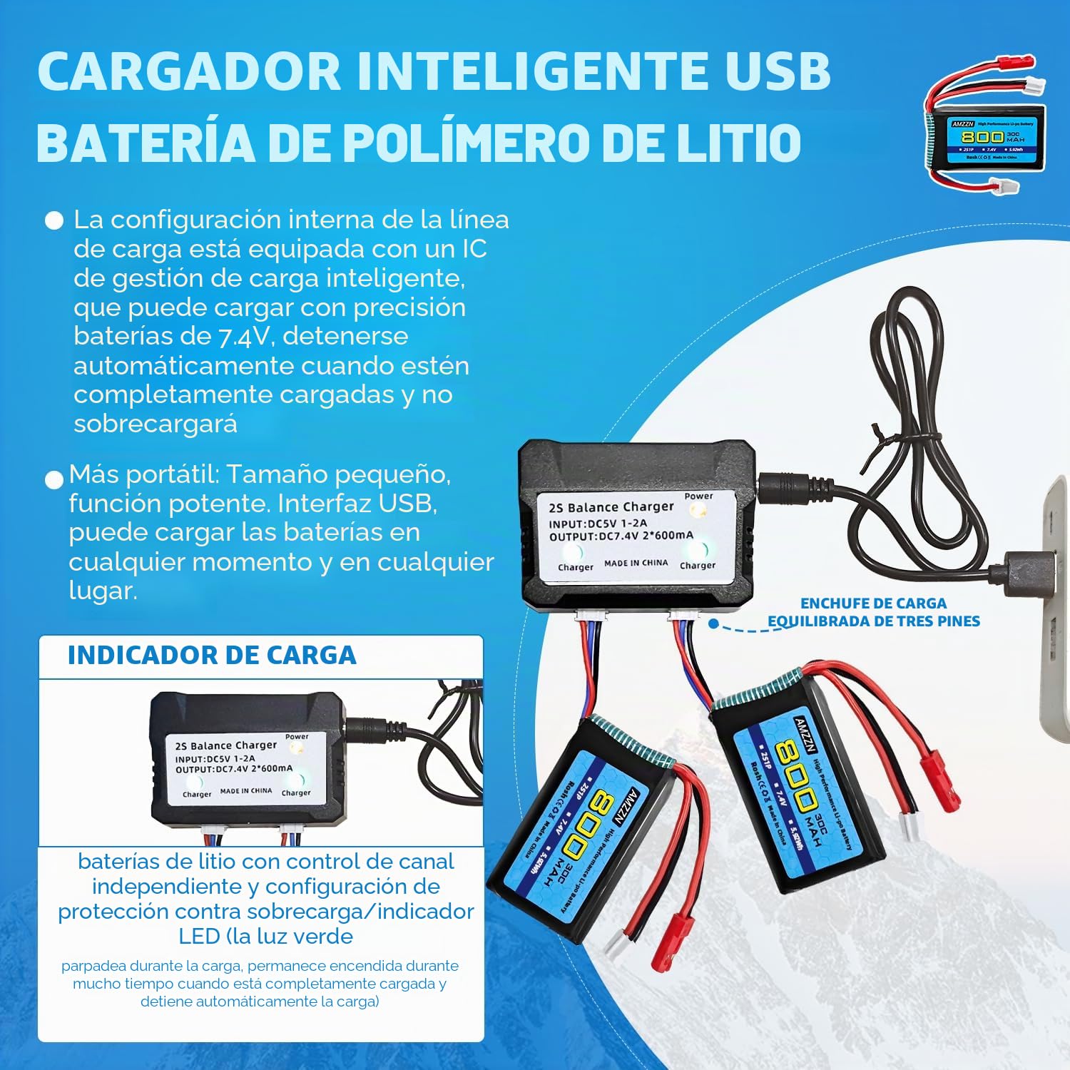 2 Unidades 7,4V 2S 30C 800mAh Lipo batería JST Enchufe y Enchufe PH2.0 con Cargador 2 en 1 Adecuado para vehículos SCX24 RC, Compatible con la mayoría de los Camiones RC y Drones
