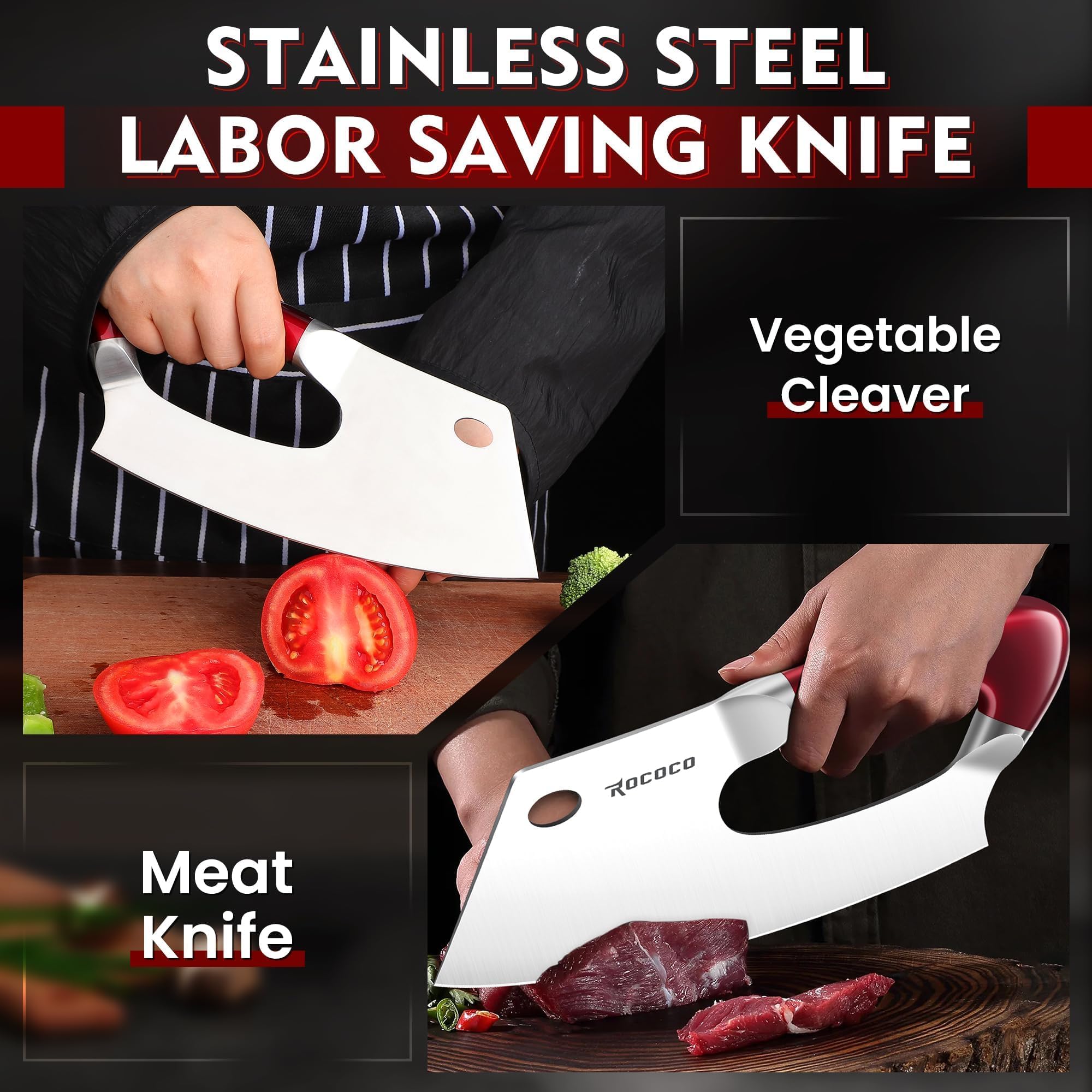 ROCOCO Effort Saving Meat Cleaver - Red Easy Handle Chef Knife — Amazon image 2