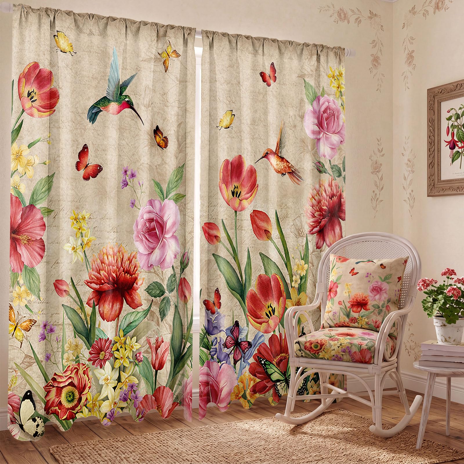 SmoothNovelty 2 Pcs Retro Floral Curtain for Living Room Hummingbird Flower