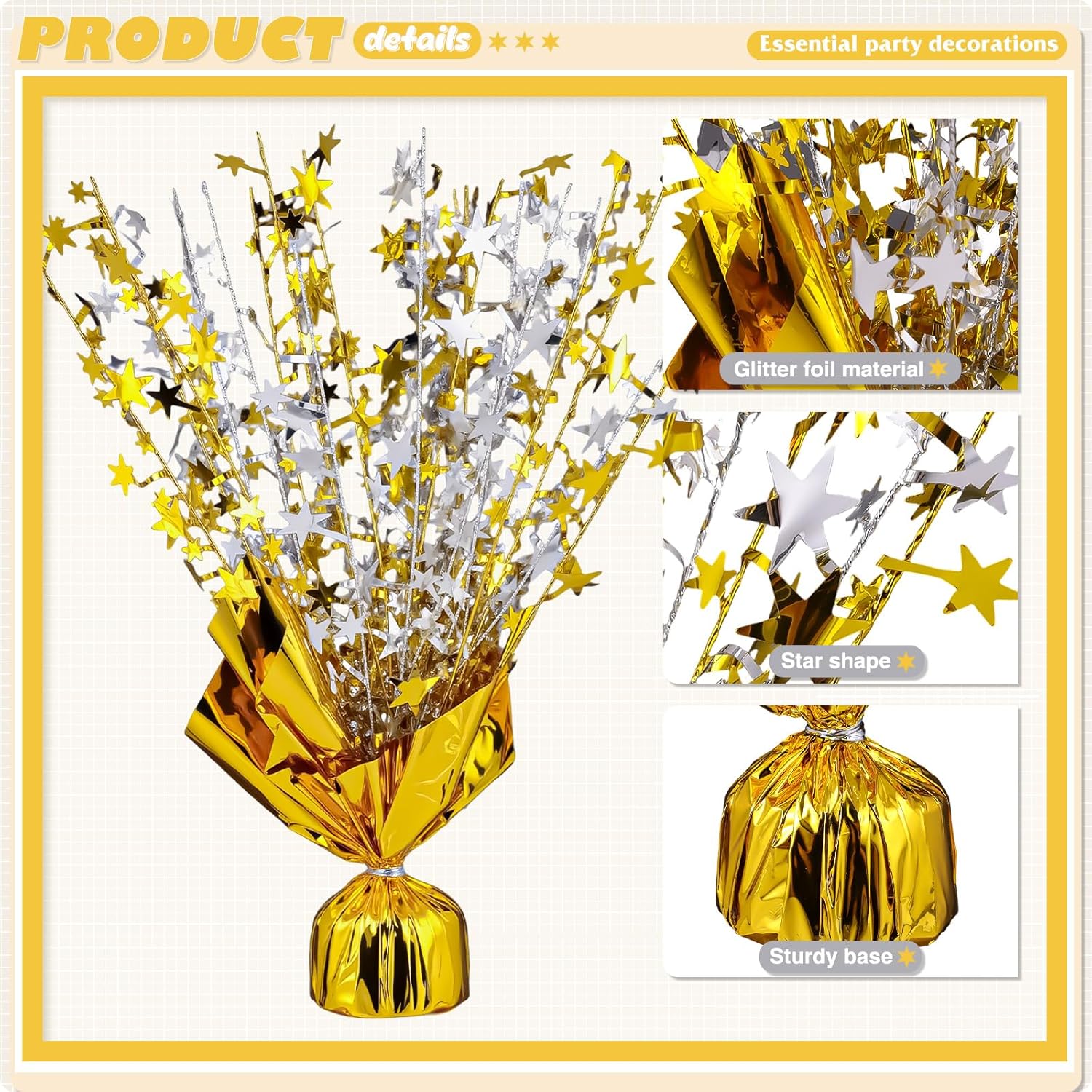 6 Pack Metallic Foil Spray Centerpiece Star Table Decoration Burst Table Centerpieces for Birthday Weddings Anniversaries Christmas New Year Holiday Party Supplies Decor (Gold Silver)