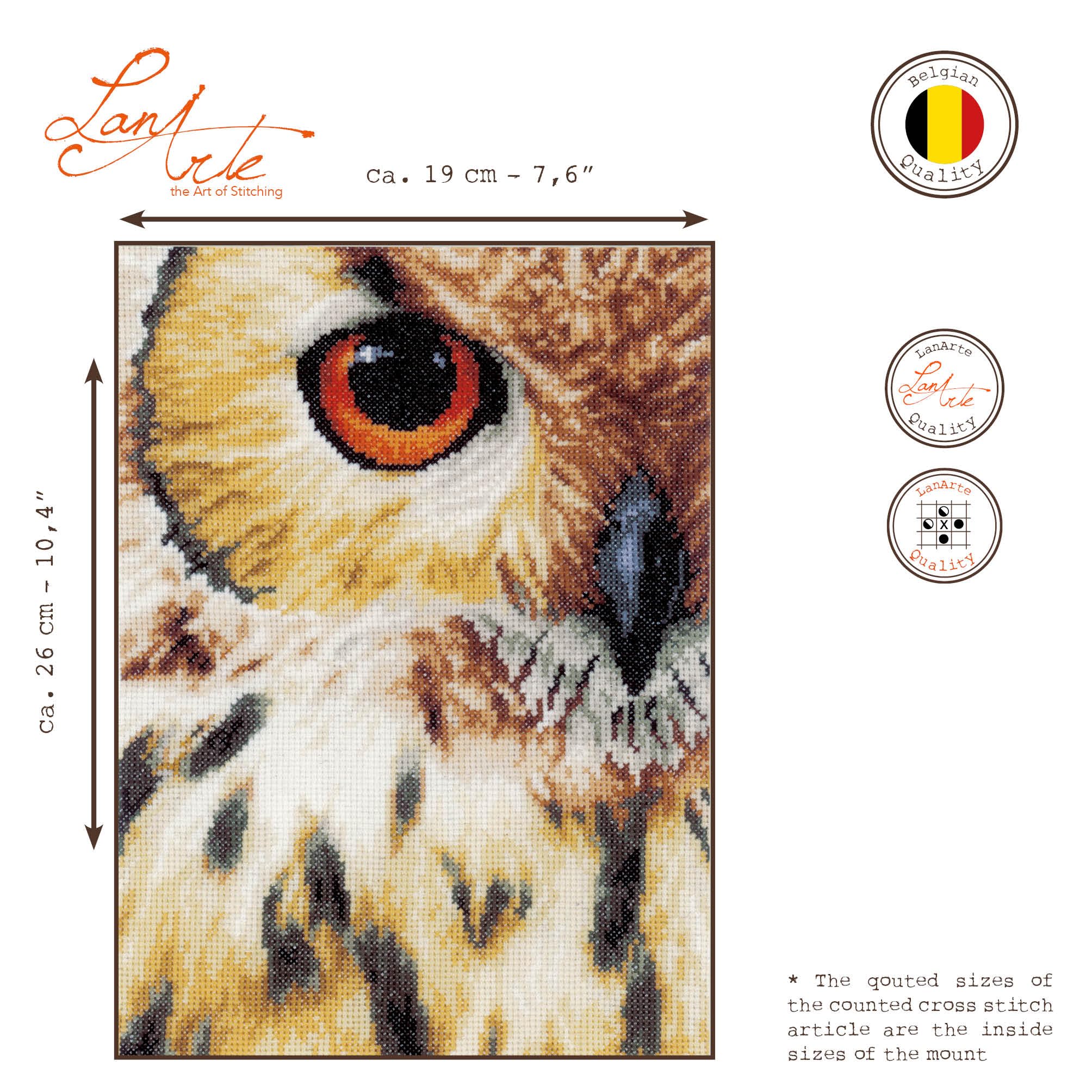 Lanarte Kreuzstich Stickpackungen Gezählter Kreuzstichbilder Set EULE Wanddekoration Handarbeit Set für Erwachsene 19 x 26 cm DIY Deko Bastelset Handwerker Kreative Geschenkset