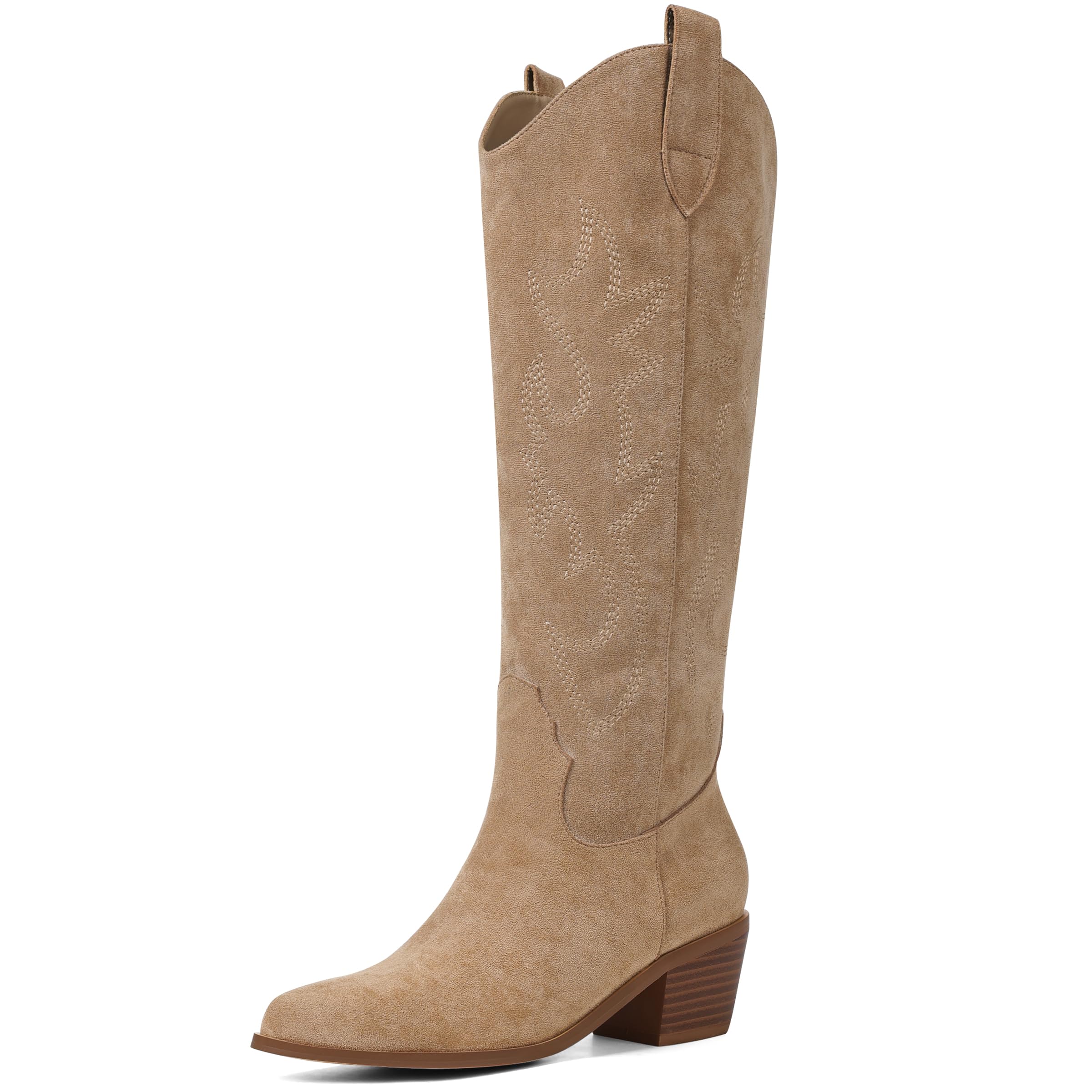 VIMISAOI Western Cowboy Boots for Women Knee High Wide Calf Cowgirl Boots with Embroidered Design Pull-On Pointed Toe