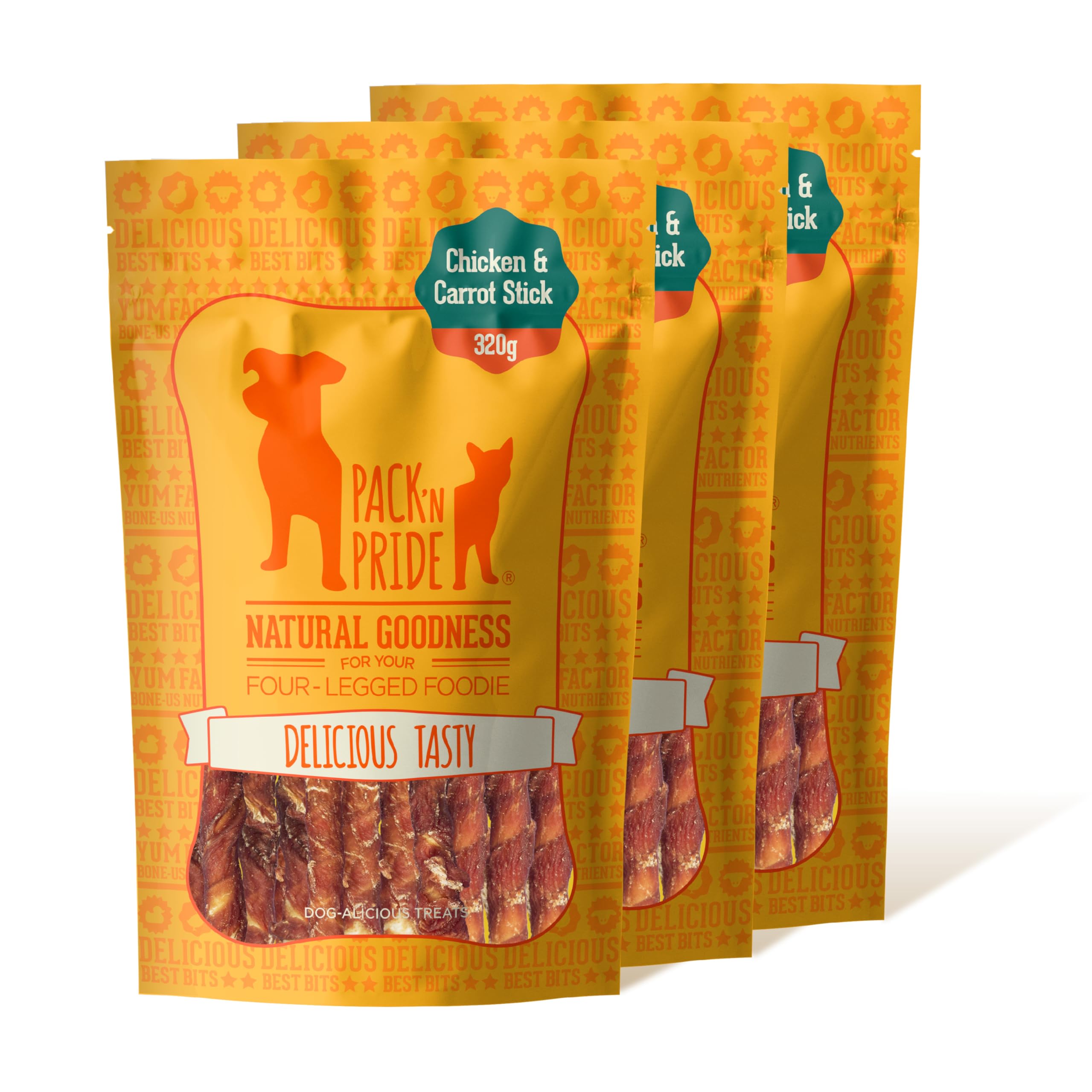 PACK'N PRIDE Dog Treats with Carrots, 3 Pack*320g Rawhide Free Dog Chews, Low in Fat and Hign in Protein, Pure Natural Ingredients