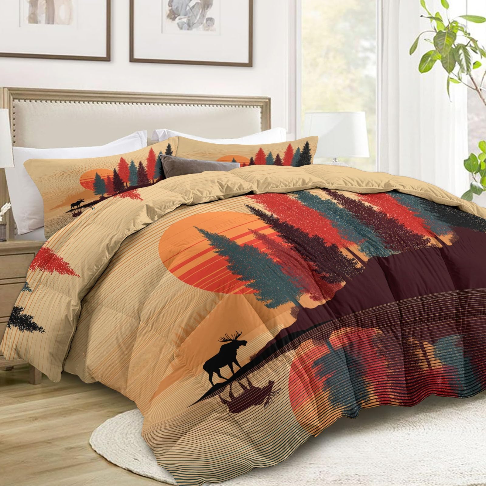Générique Dwustronna kołdra 200 x 200 cm zwierzęta łoś duże drzewo kołdra 4 pory roku pikowane kołdry górna narzuta na łóżko kołdra kołdra kołdra gruby nadruk pompon