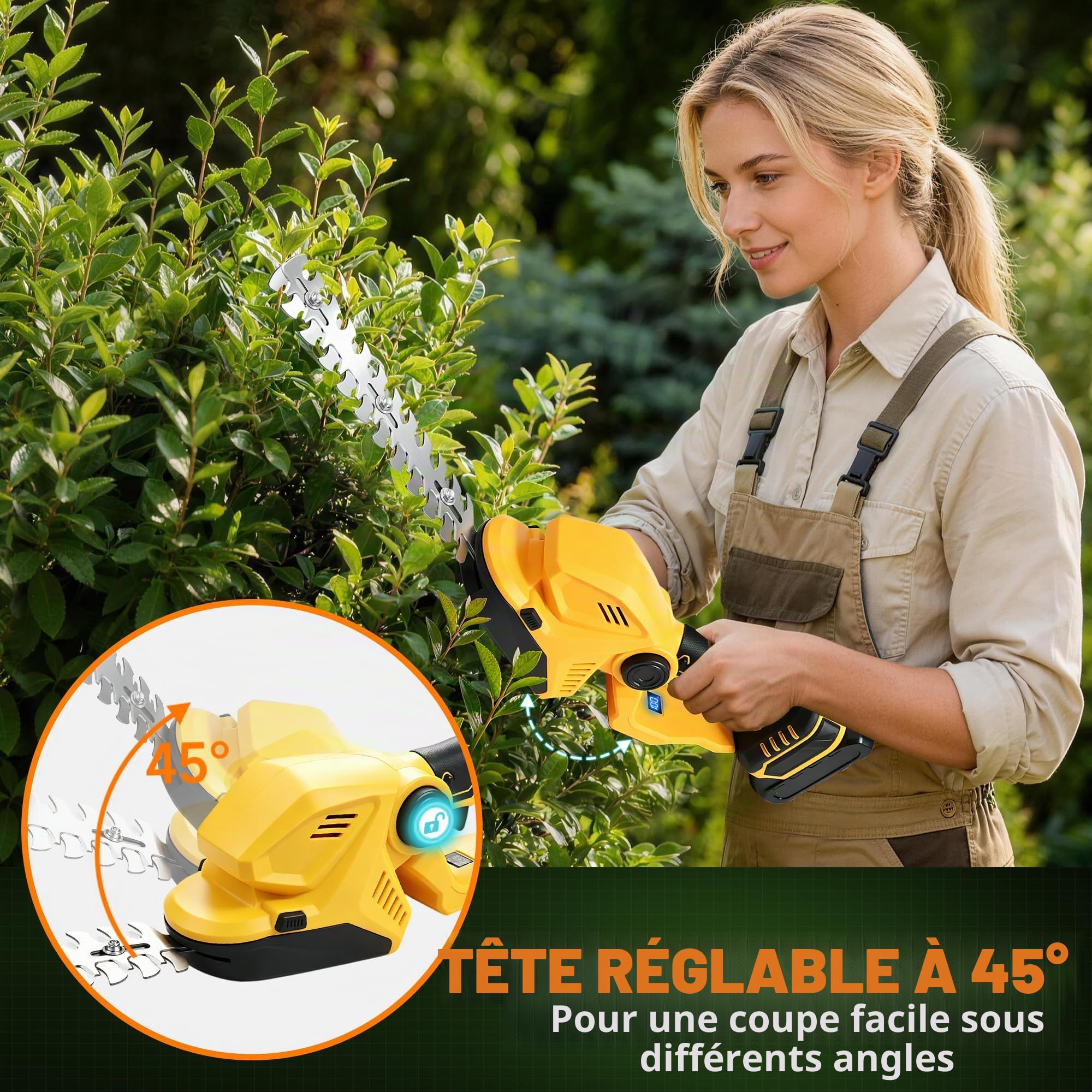 KingSom Taille Haie Batterie, Taille-Herbes sans Fil avec Batterie 21V et Chargeur, 2 Lames, Cisailles à Gazon avec Afficheur Batterie, Taille Haie Électrique Tête Réglable pour Jardin, Coupe Bordure
