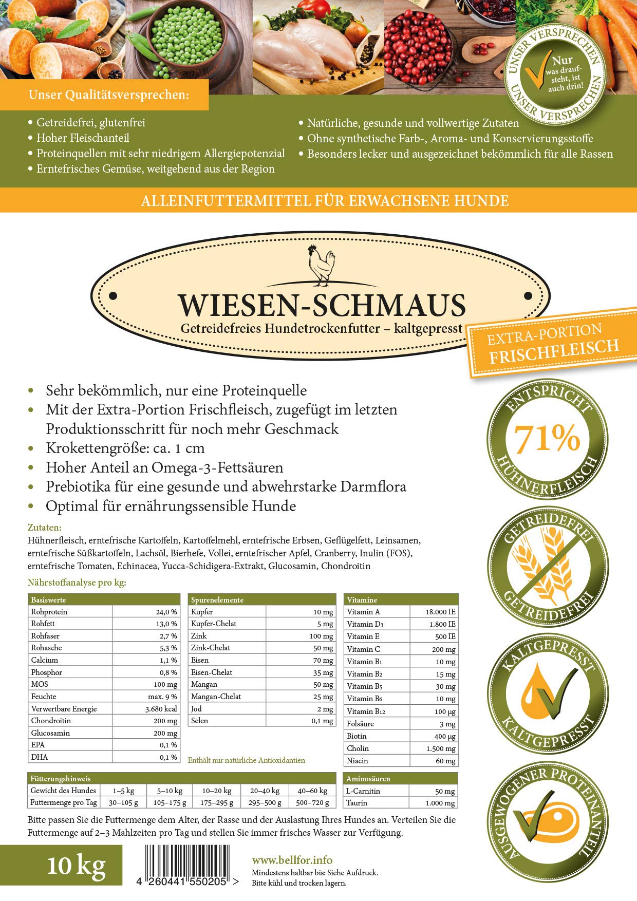 Bellfor Wiesen-Schmaus krokiety tłoczone na zimno dla psów z kurczakiem - 10 kg, sucha karma bez zbóż, wysoka zawartość białka, o bardzo niskim potencjale alergennym