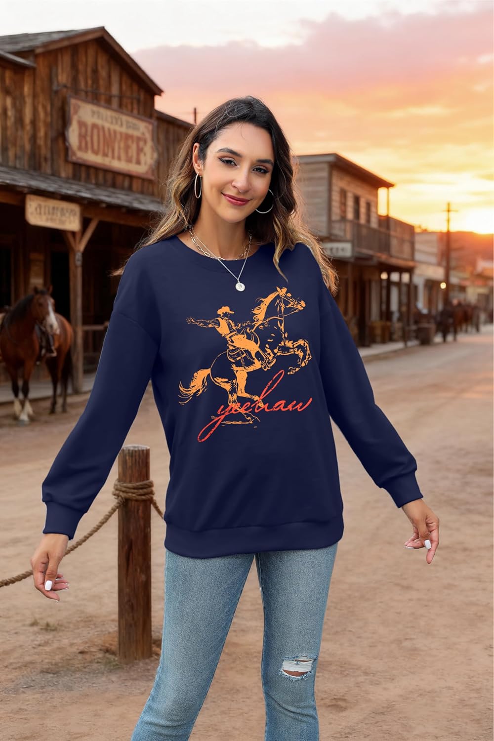 FASHGL Western Sweatshirts for Women Rodeo Cowgirl Sweatshirt Vintage Cowboy Graphic Shirts Country Concert Long Sleeve Shirt - Image 3