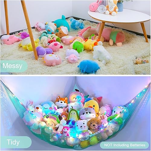 Miniatura 7 de Unicorn Castle Hamaca de red para animales de peluche, almacenamiento de juguetes para niños con luz LED, organizador de juguetes de felpa para