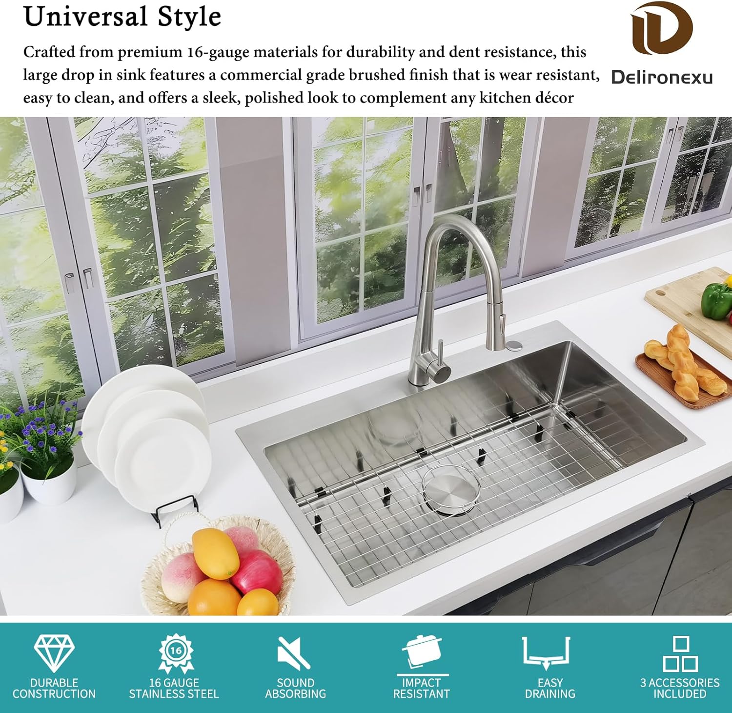 33x19 drop in kitchen sink - delironexu 16 gauge stainless steel sinks top mount, 33 inch drop in kitchen sink single bowl with 3 accessories package stainless steel 33x19x9 topmount