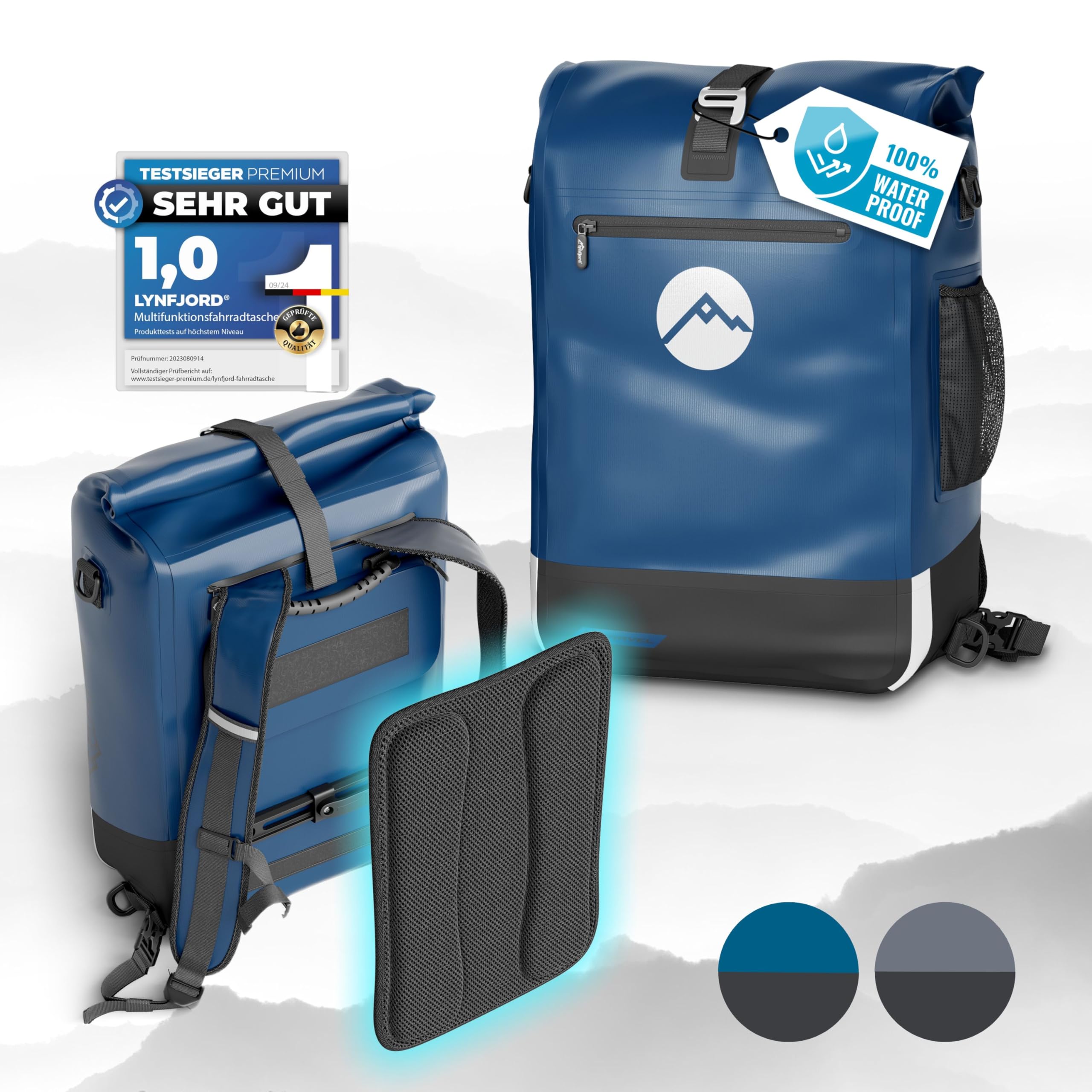 Lynfjord Travel Trek 25 Fahrradtasche 3in1 - optimierte Gepäckträgertasche, Rucksack, Cross Bag - wasserdicht - Rückenpolster - Helmnetz - Schnelleinhängung - Laptoptasche - Rückwand - Midnight Blue