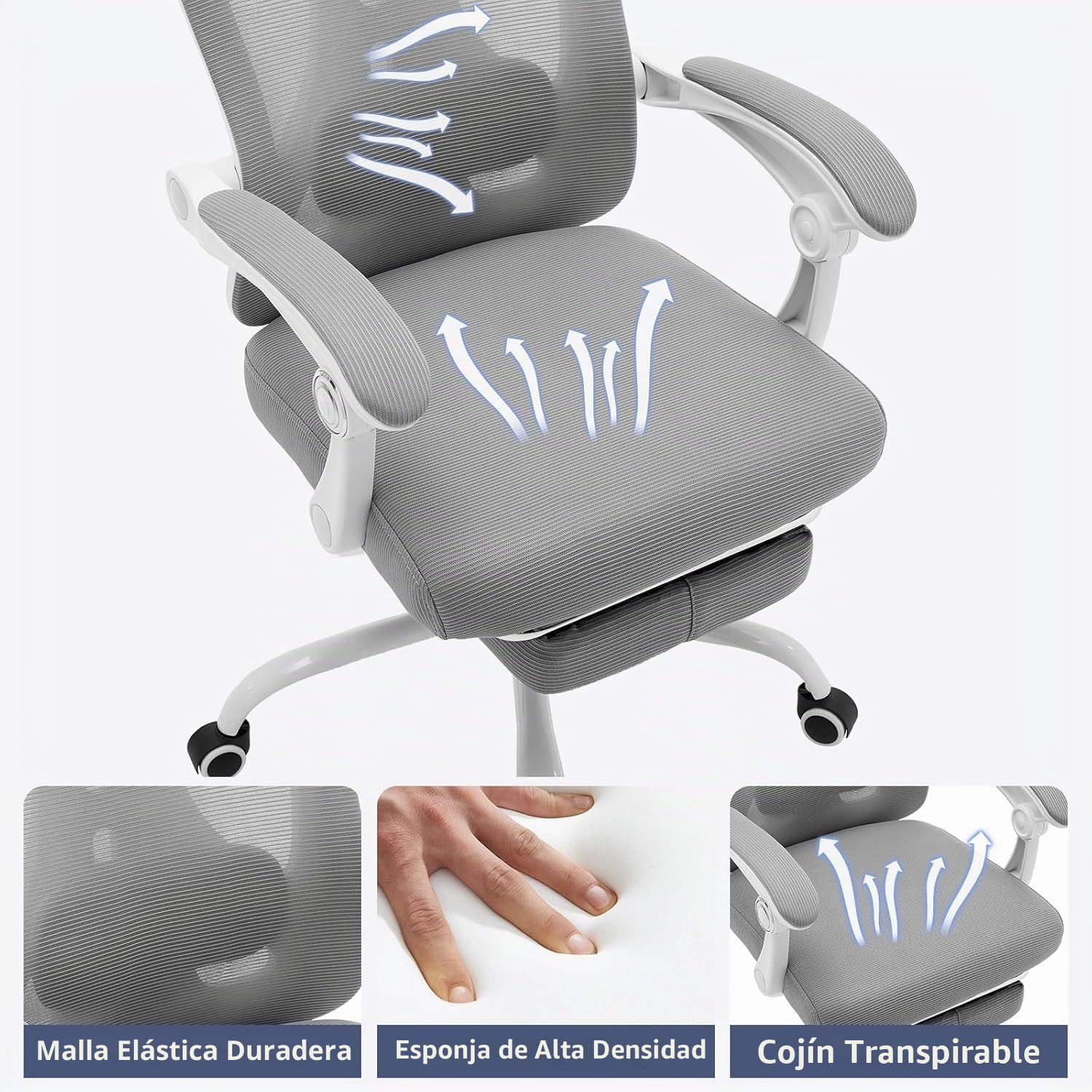 Silla de oficina ergonómica con reposapiés, soporte lumbar ajustable y reposacabezas, giratoria de 360°, gris