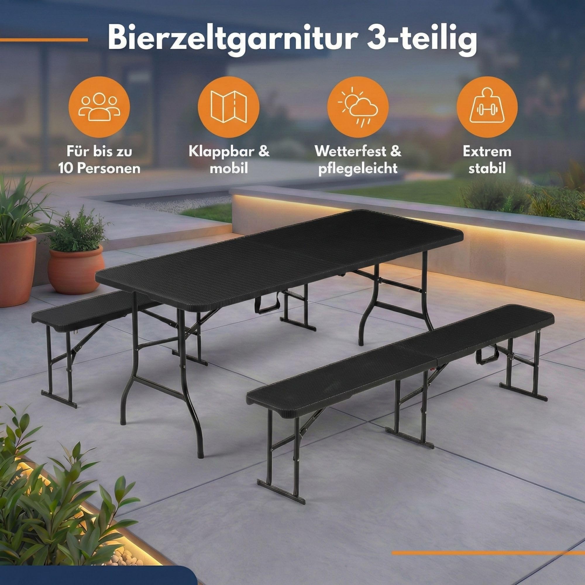 ALBATROS Buffettisch Klapptisch Schwarz/Rattan – 182x75cm, robuste Konstruktion klappbar und hohe Tragkraft –für bis zu 10 Personen – Tisch für Bierzelt mit Tragegriff