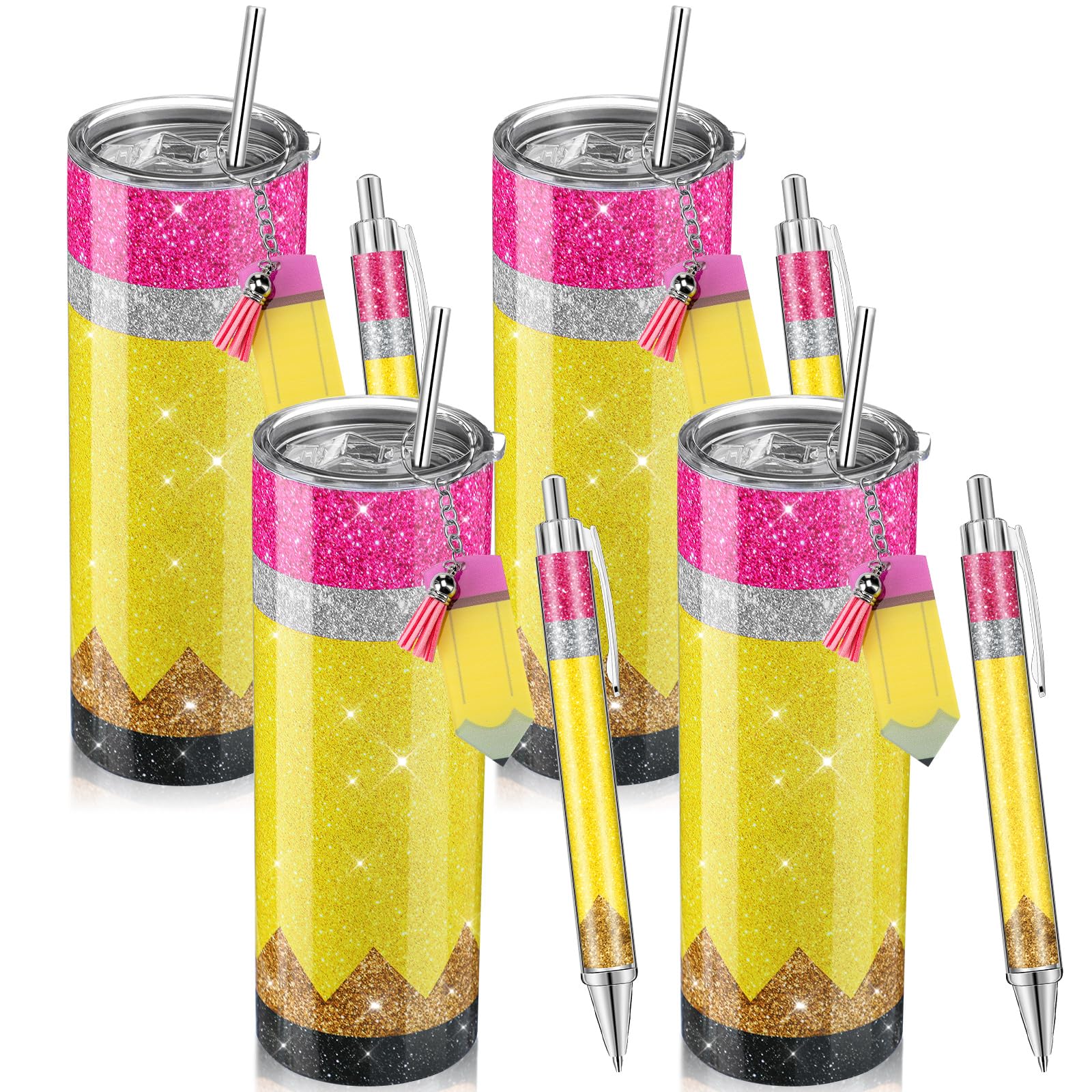 Skylety 12 pezzi regali di apprezzamento di Natale regali per insegnanti 590 ml matita glitter bicchiere tazza in acciaio inox matita portachiavi stile matita penna glitter per insegnanti di Natale
