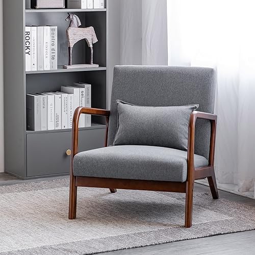 Miniatura 9 de UNICOO - Silla decorativa moderna de mediados de siglo, sillón de lectura de tela, fácil montaje, sillón para sala de estar y dormitorio Beige,Gris