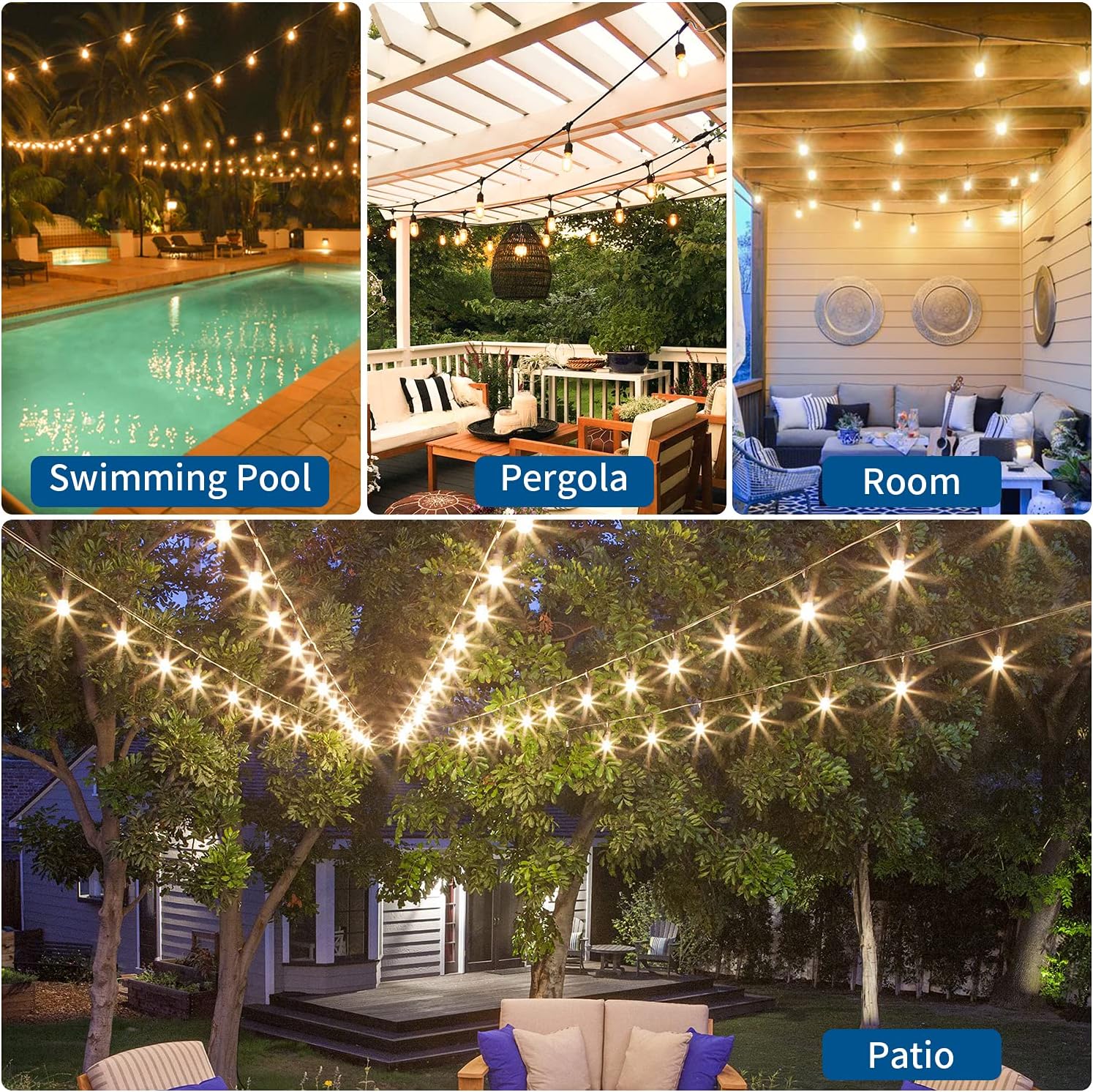 LED Outdoor String Lights, 48FT with 2W Dimmable Edison Vintage Plastic Bulbs and Commercial Great Weatherproof Strand - UL Listed Heavy-Duty Decorative LED Café Patio Light, Porch Market Light - - 