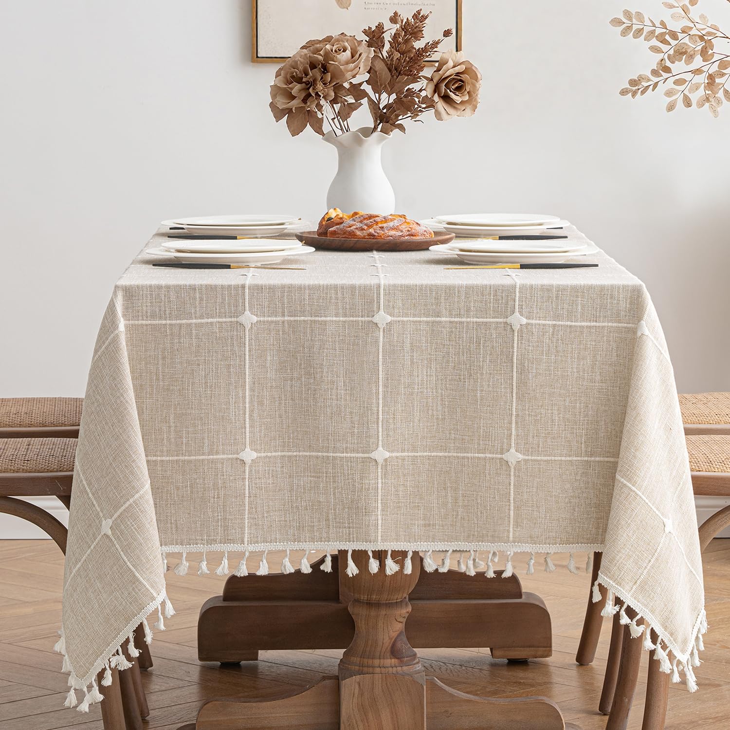 Tablecloth rectangle nappe impermeable 140x220cm avec tassel beige decoration cuisine