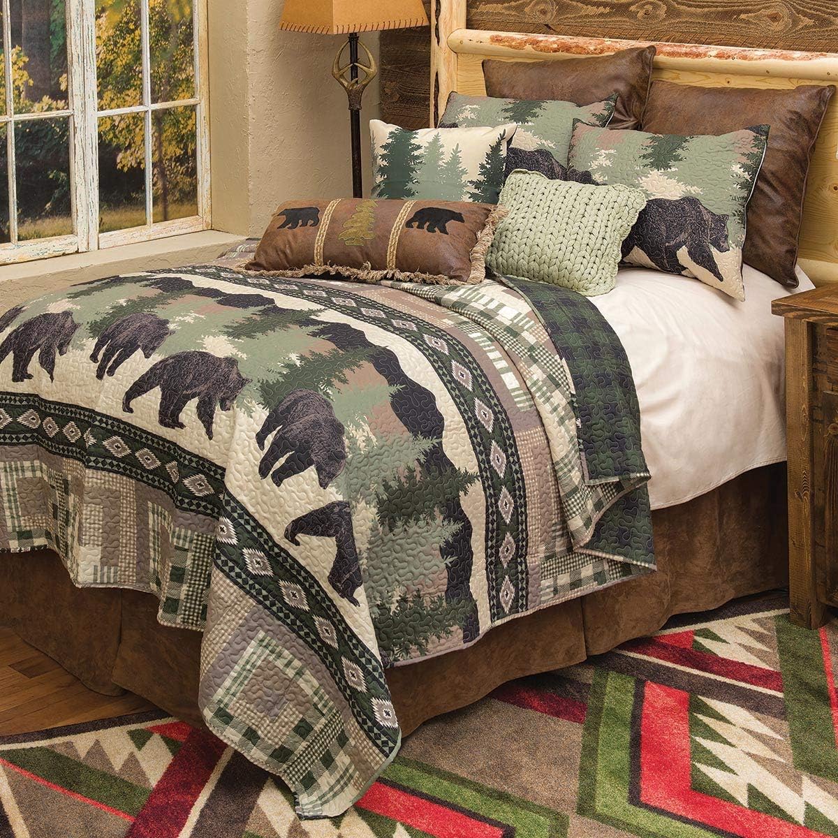 BLACK FOREST DECOR Black Bear Log Cabin Quilt Bed Set - Queen – Rustic 90" x 90" Quilt with Shams