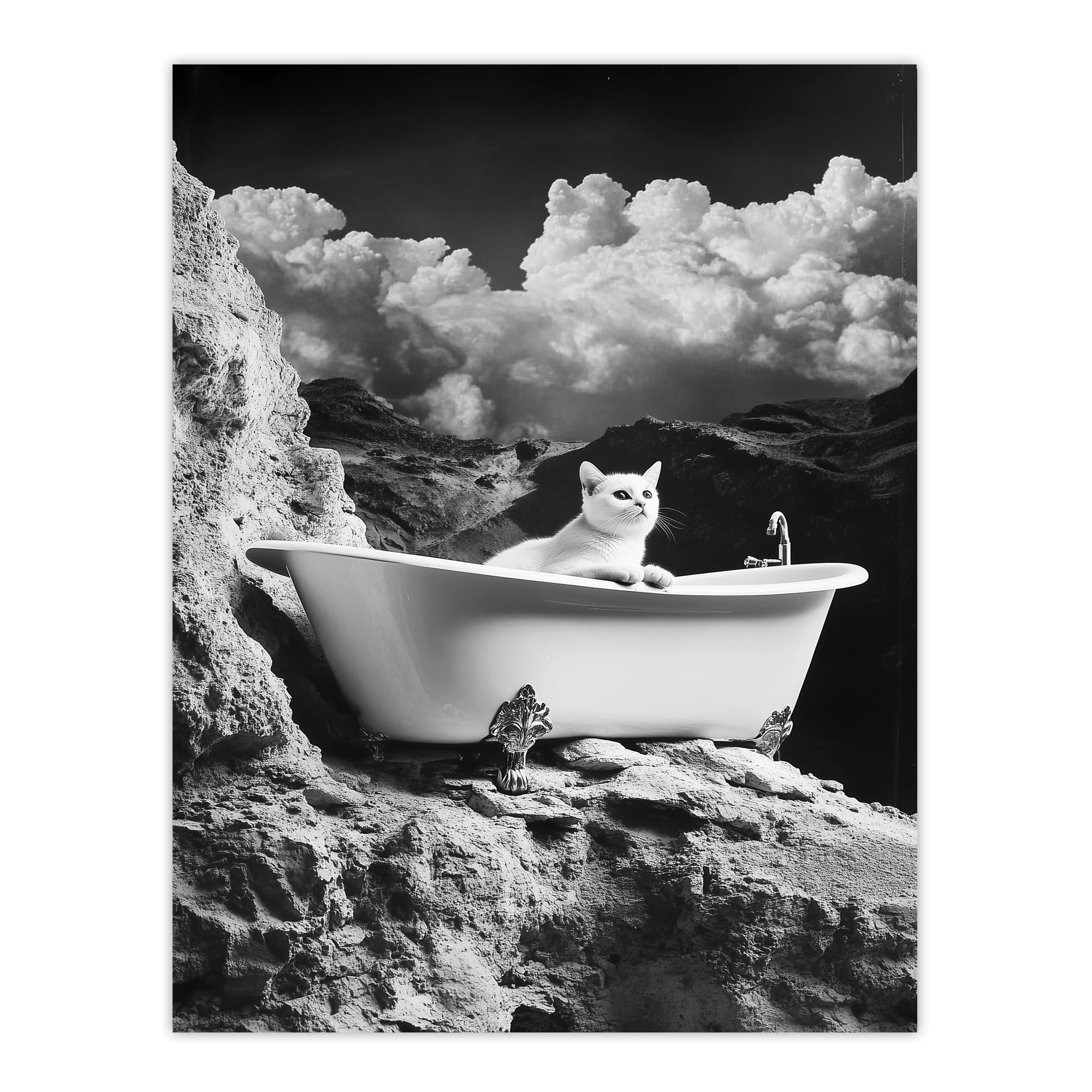 Artery8 Cat Lover Pet Bathtub on Mountain Cliff Surreal Bathroom Toilet Large Wall Art Poster Print Thick Paper 18X24 Inch