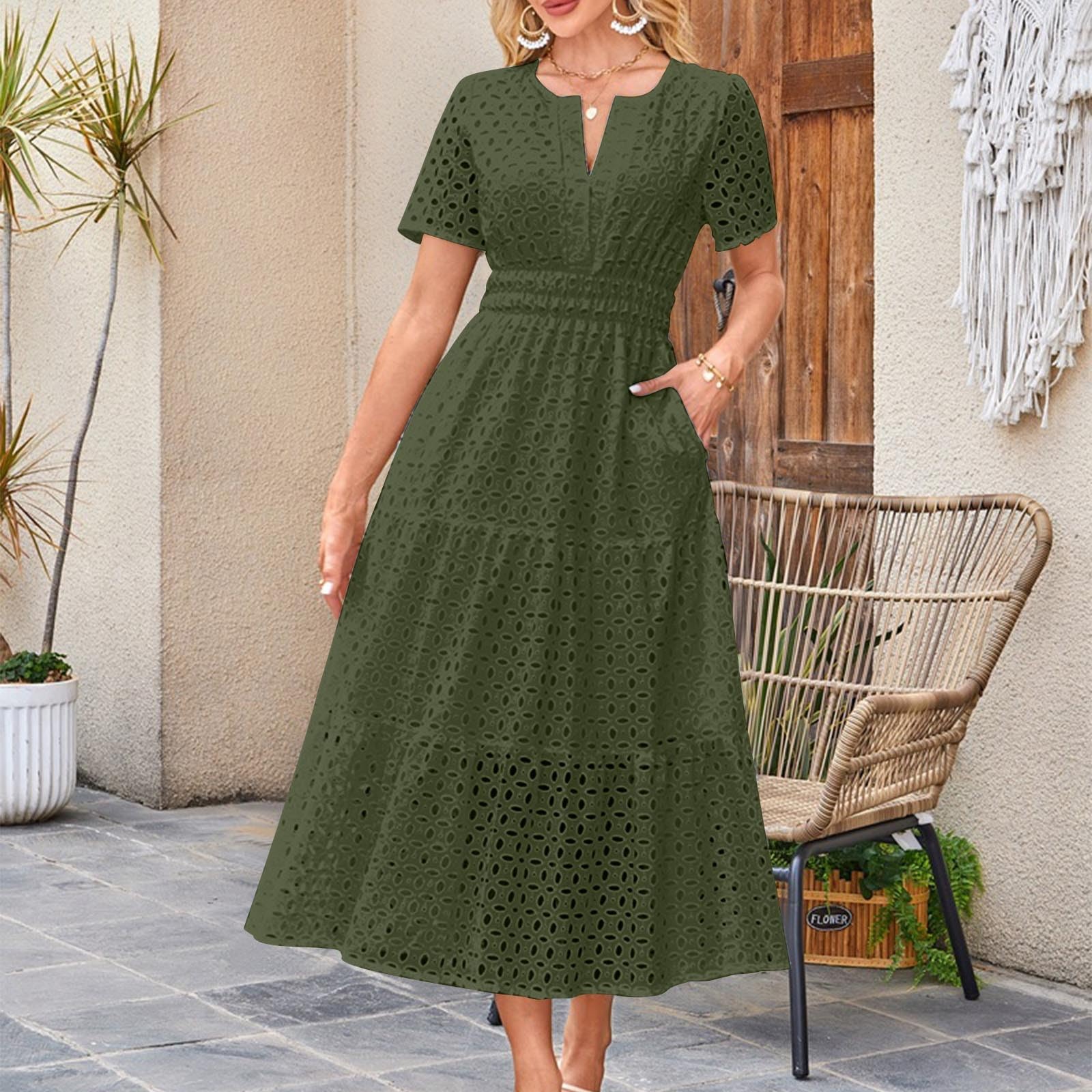 Vestidos Verano Mujer 2025,Vestido Largo Mujer Verano Elegante Cintura Alta Vestido Verano de Cuello en V Color Sólido Maxi Hueco Vestido Playa Vacaciones Diario Ligero Cómodo Dress de Algodón